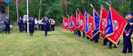 Szeroki plan przedstawiający uroczysty apel na świeżym powietrzu. Na trawiastym placu, na tle lasu, stoi szereg czerwonych sztandarów strażackich ze złotymi haftami i orłami. Po lewej stronie, w stronę sztandarów, maszeruje dwóch oficerów w galowych mundurach, salutując. Pozostali strażacy i goście stoją za nimi. Widoczna jest również scena z żółto-niebieskim dachem.