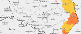Na zdjęciu widoczna jest mapa Polski z zaznaczonymi obszarami ostrzeżeń meteorologicznych.