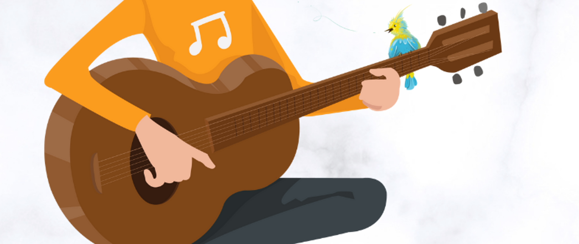 Plakat przedstawia informację dotyczącą popisu klasy gitary p. Krzysztofa Nieboraka w dniu 9.02.2023 r. Tło marmurkowe, na dole strony znajduje się grafika chłopca siedzącego na stołku z gitarą.