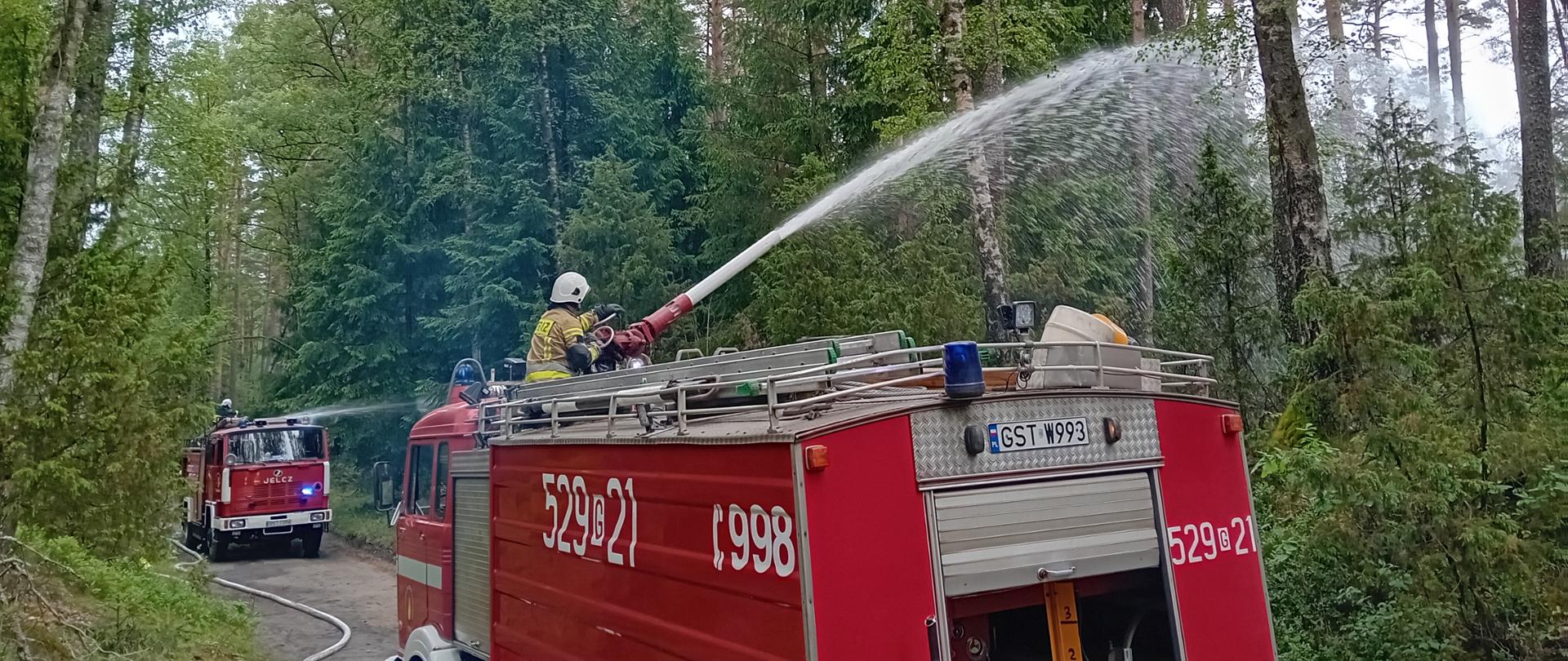 Zdjęcie przedstawia samochód pożarniczy prowadzący akcję gaśniczą z działka na obszar leśny, w tle drugi samochód gaśniczy, las, wysokie drzewa
