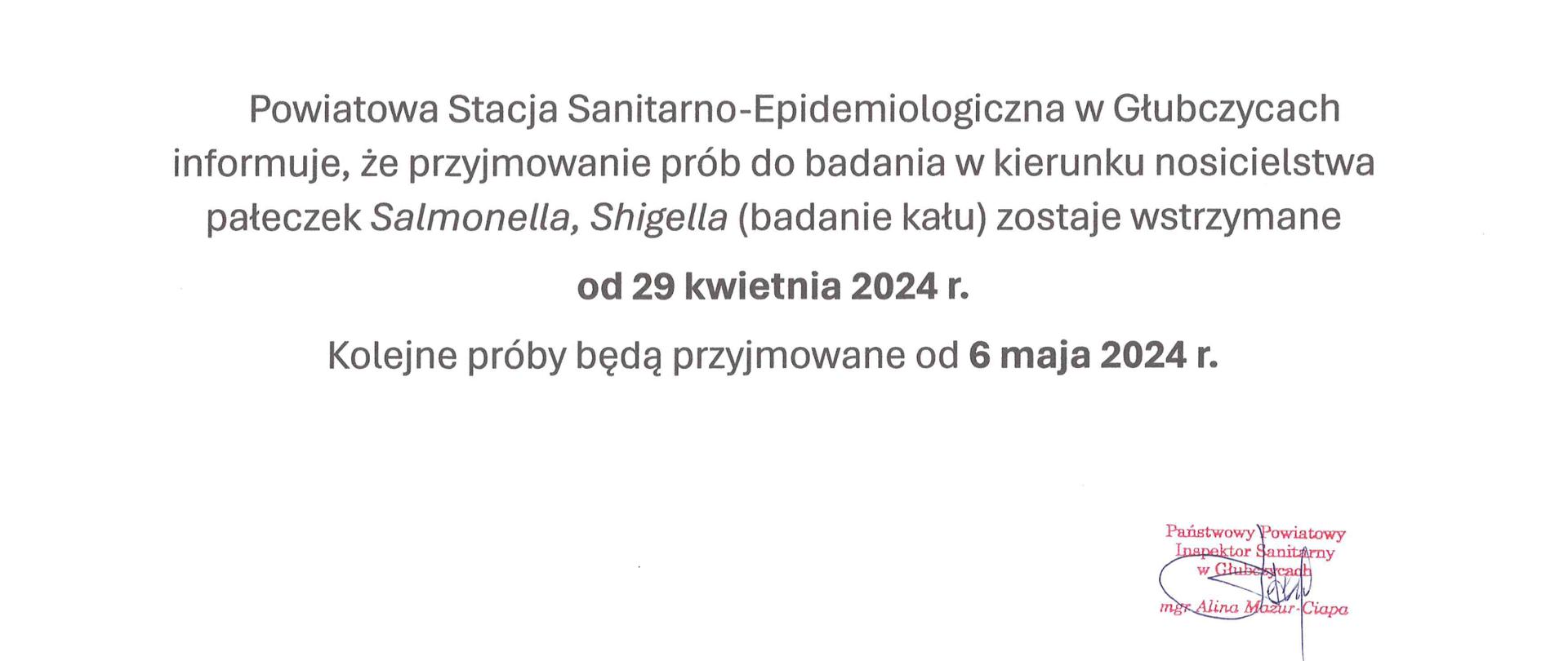 Informacja dotycząca poboru prób