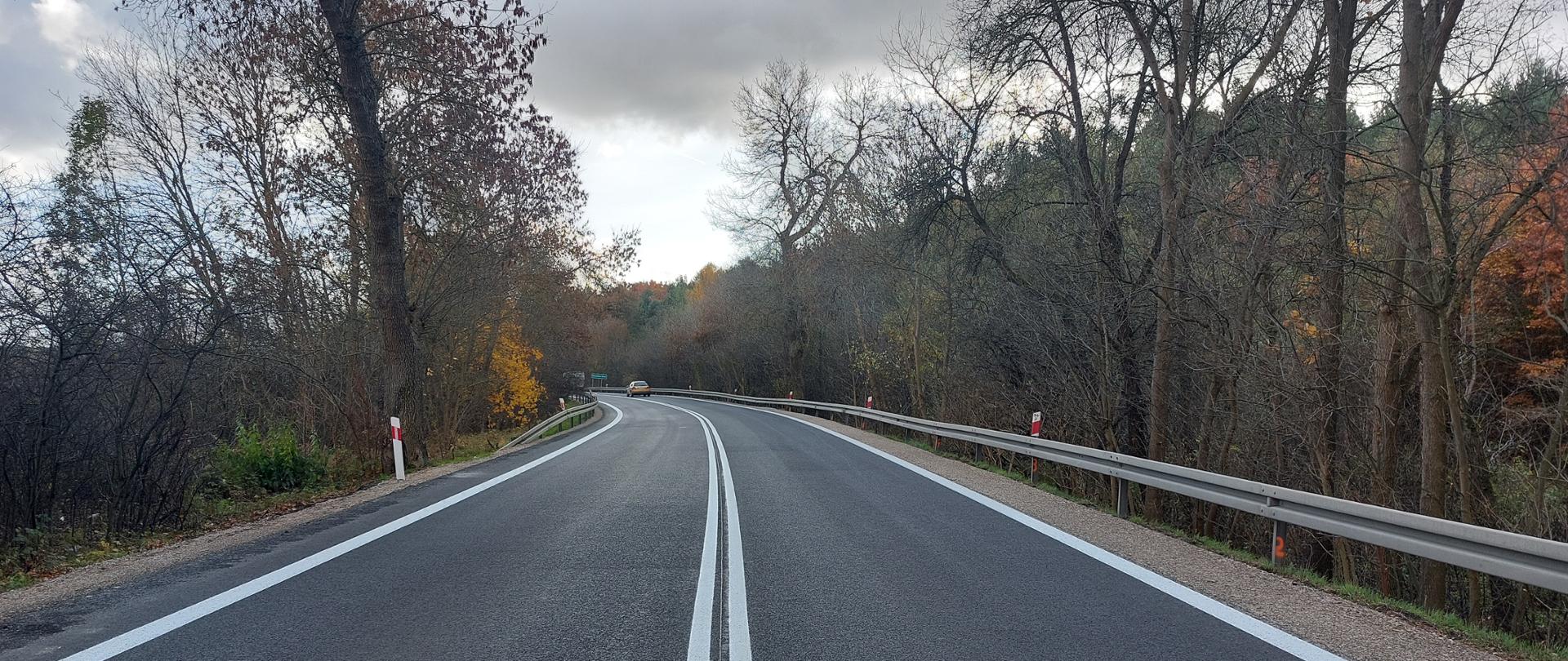 DK9 Nietulisko - jednojezdniowa droga asfaltowa, dwa pasy ruchu, na szarym astacie białe oznakowanie poziome - po jednej białej linii po bokach jezdni, podwójna ciągła linia na środku jezdni, po jednej stronie drogi bariery, po obu stronach drogi drzewa i zarośla 