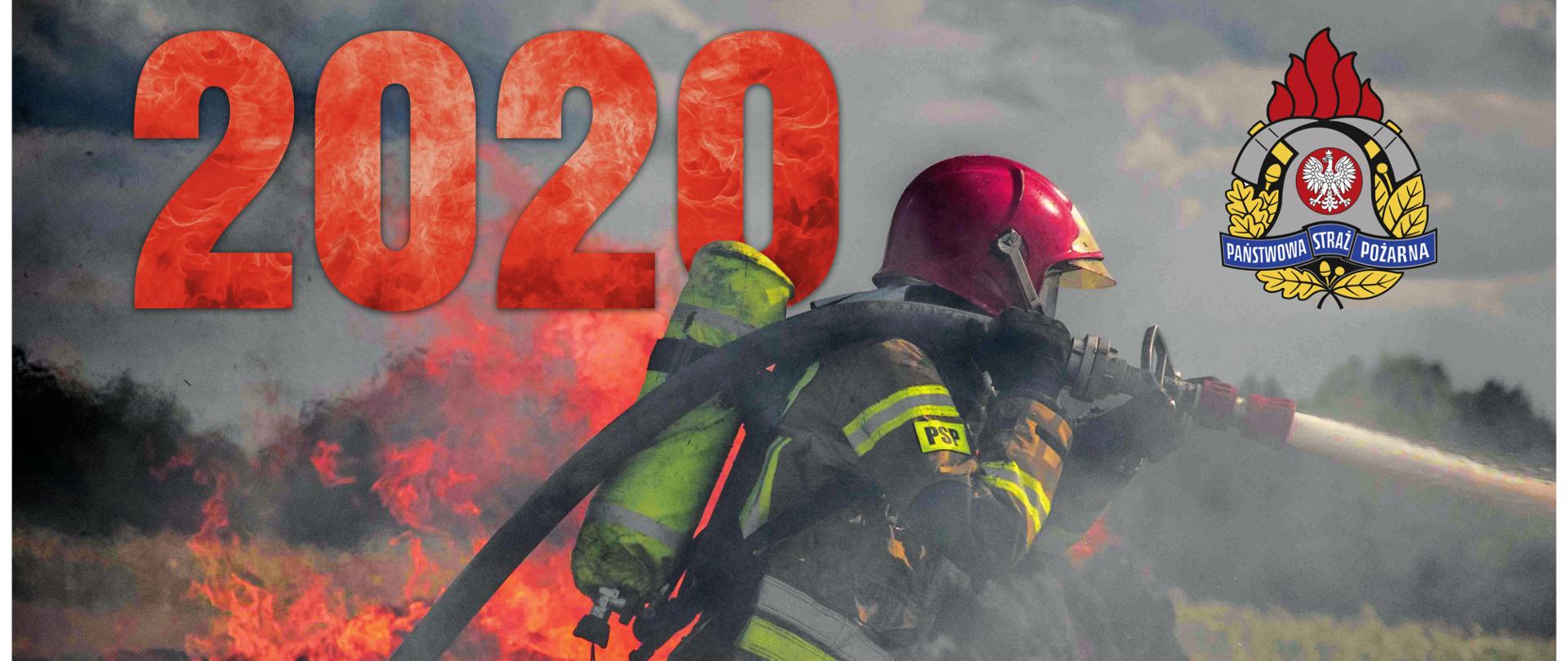 kalendarz plakatowy w kolorze czarnym, na górze strażaka gaszący pożar oraz napis 2020