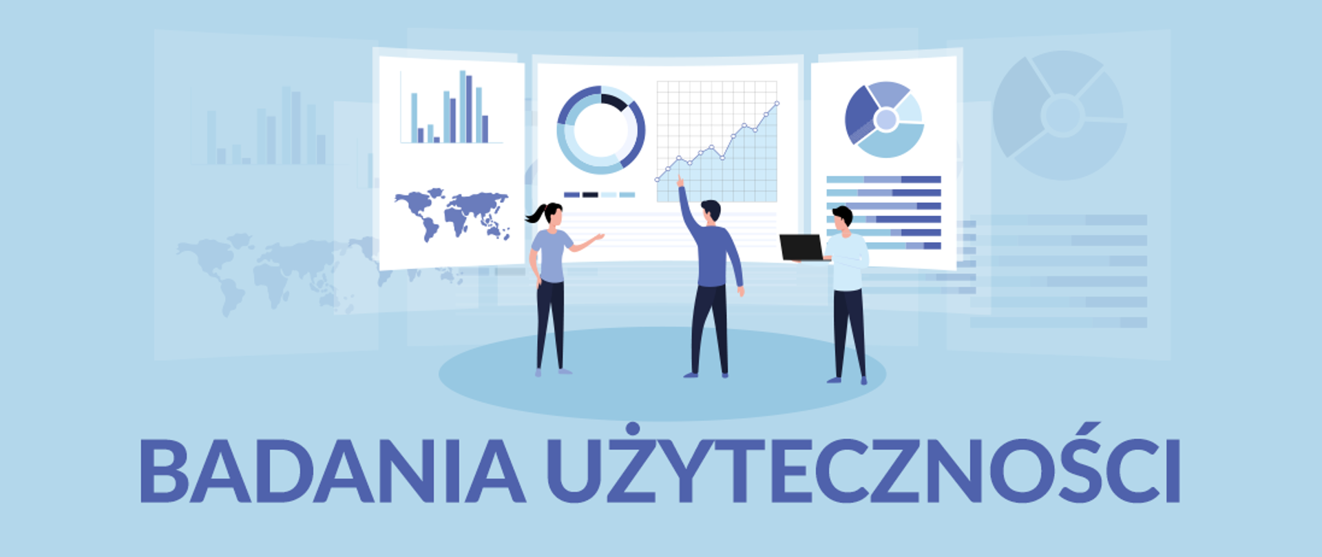 baner o treści: "Badania Użyteczności" przedstawiający ludzi analizujących dane i wykresy 