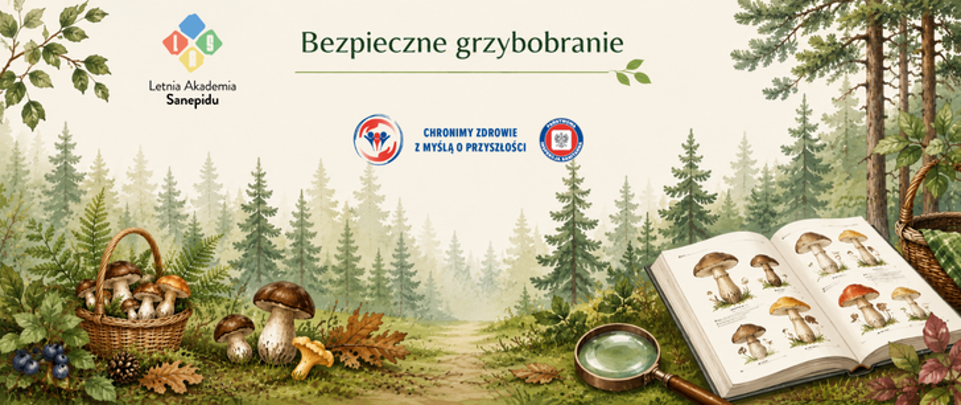 Na tle leśnej polany widoczne są kosz pełen grzybów, pojedyncze grzyby, jagody i liście. Po prawej leży otwarty atlas grzybów z ilustracjami oraz lupa. U góry znajdują się logo Letniej Akademii Sanepidu, ciemny napis : Bezpieczne grzybobranie. Pod napisem : logo Państwowej Inspekcji Sanitarnej wraz z hasłem: chronimy zdrowie z myślą o przyszłości. 