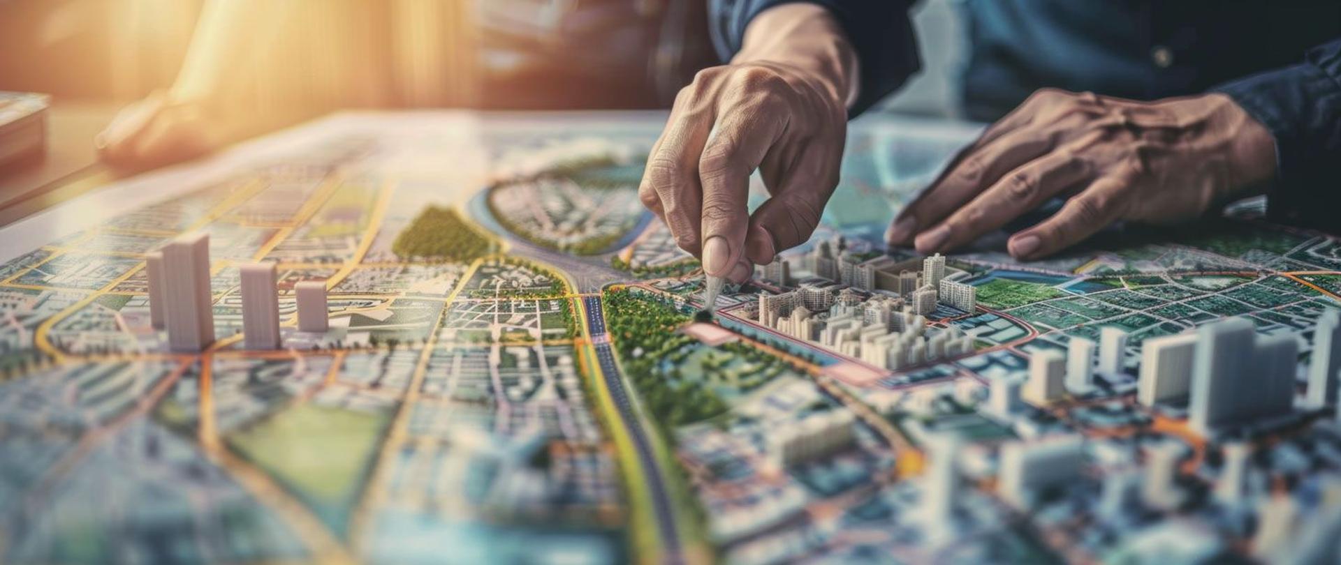 Wydłużony termin sporządzania planów ogólnych. Na zdjęciu makieta miasta, z budynkami i ulicami. Na jeden z budynków wskazuje ręka spoza kadru