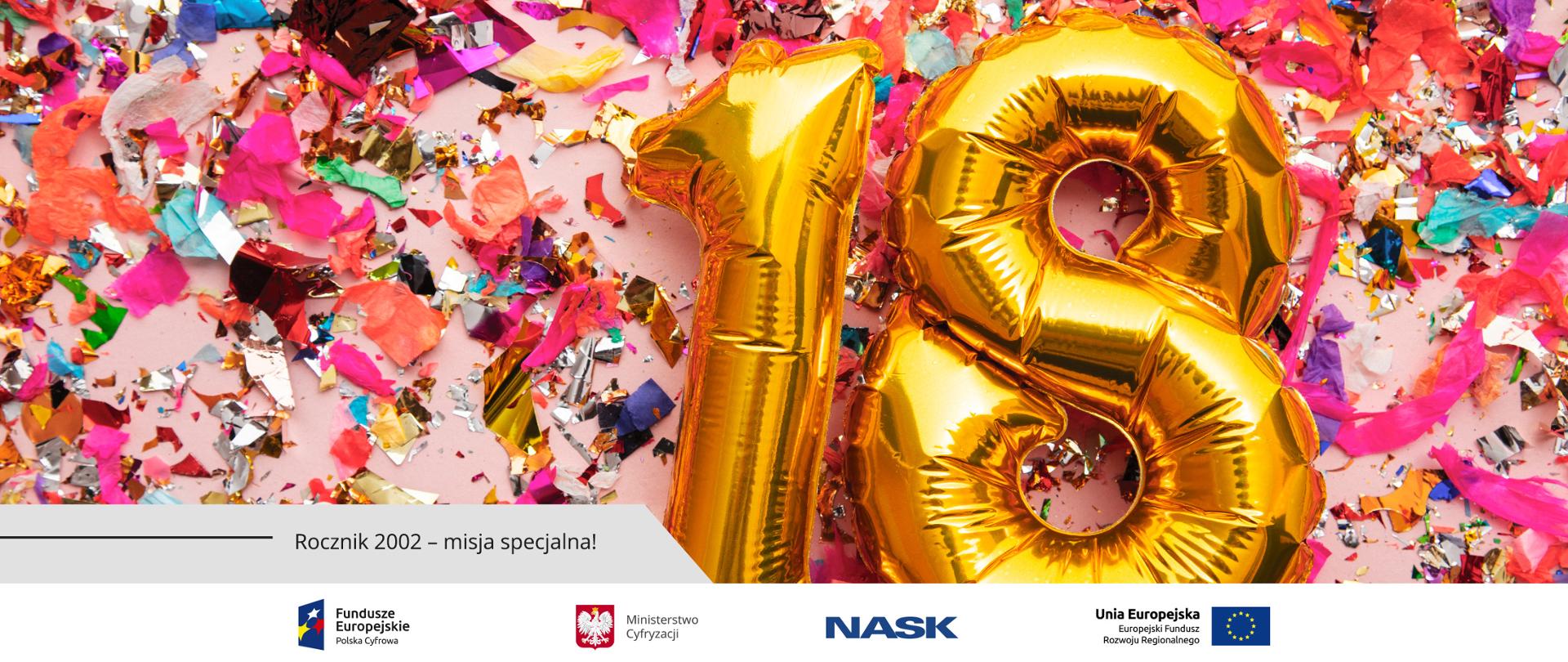 Złote balony - 18 - leżące na tle rozsypanego kolorowego konfetti.