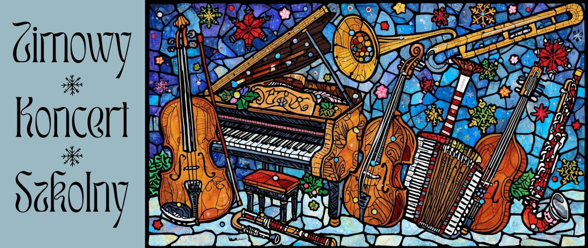 Grafika przedstawia kolorową, stylizowaną na witraż ilustrację z motywem muzycznym. W centralnej części obrazu znajdują się różne instrumenty muzyczne — fortepian, skrzypce, kontrabas, akordeon, puzon, klarnet i flet. Wszystkie są bogato zdobione i otoczone kolorowymi elementami przypominającymi płatki śniegu, śnieżynki i liście, co nadaje całości zimowy klimat.
Po lewej stronie, na jasnoniebieskim tle, widnieje napis w ozdobnej czcionce: „Zimowy Koncert Szkolny”, z małymi śnieżynkami między słowami. 