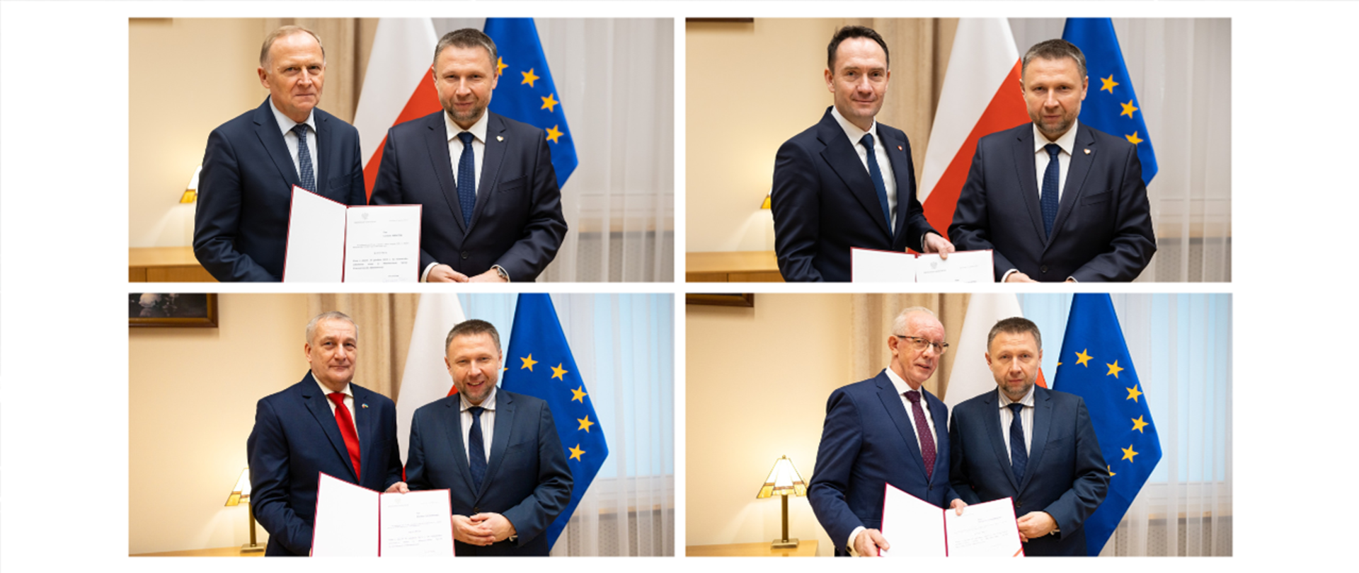 Kolaż zdjęć przedstawiający ministra Marcina Kierwińskiego z nowymi wiceministrami - Czesławem Mroczkiem, Tomaszem Szymańskim, Wiesławem Szczepańskim, Wiesławem Leśniakiewiczem.