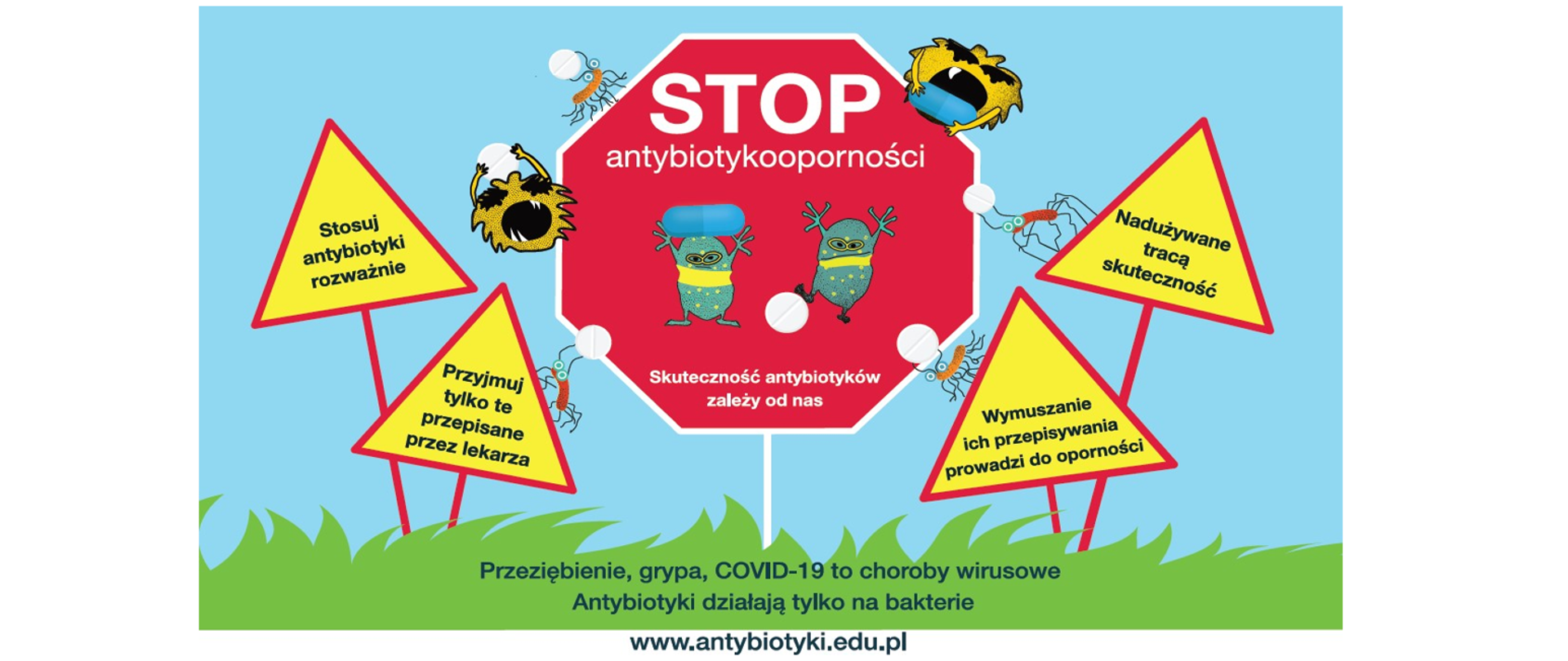 Kampnia: stop antybiotykooporności. Po środku znak drogowy STOP z napisem stop antybiotykooporności po środku graficzne dwa wirysy poniże napis Skuteczność antybiotyków zalezy od nas. 