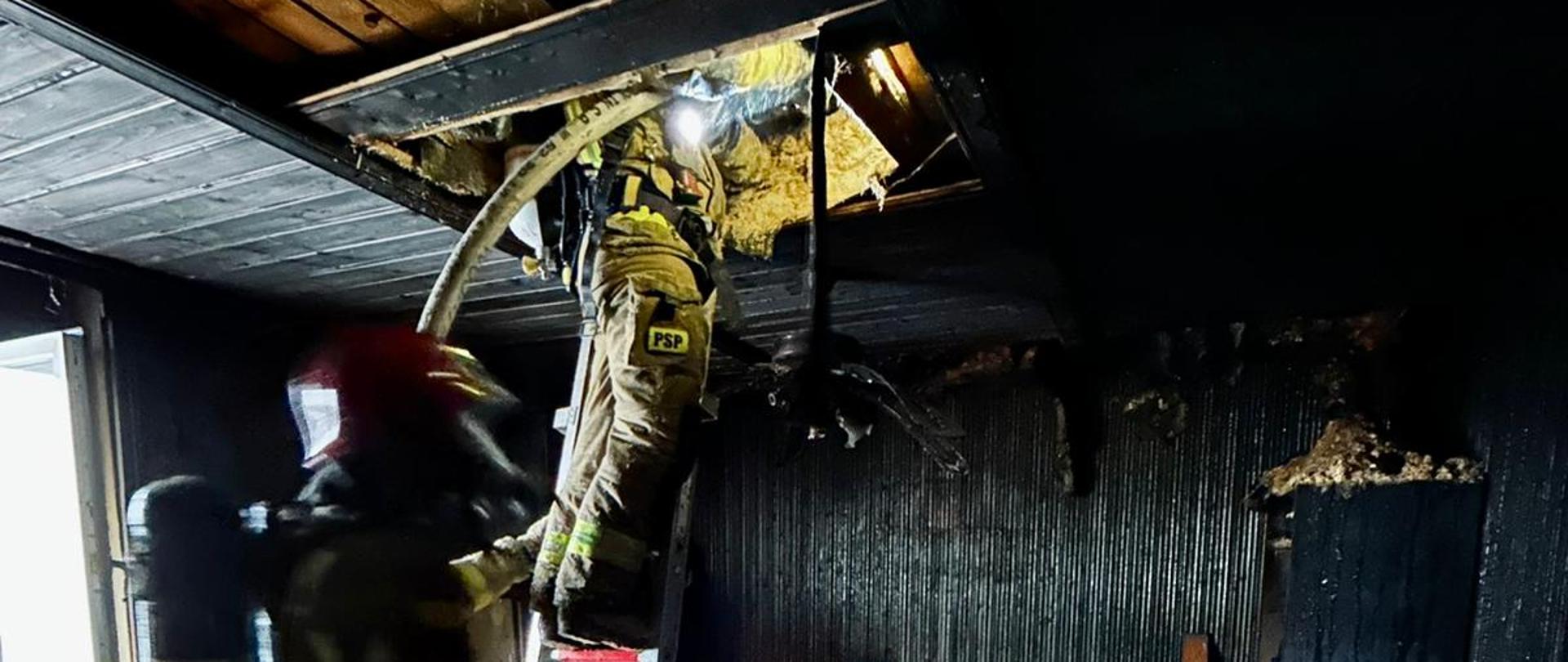 Strażacy dogaszający poddasze budynku.