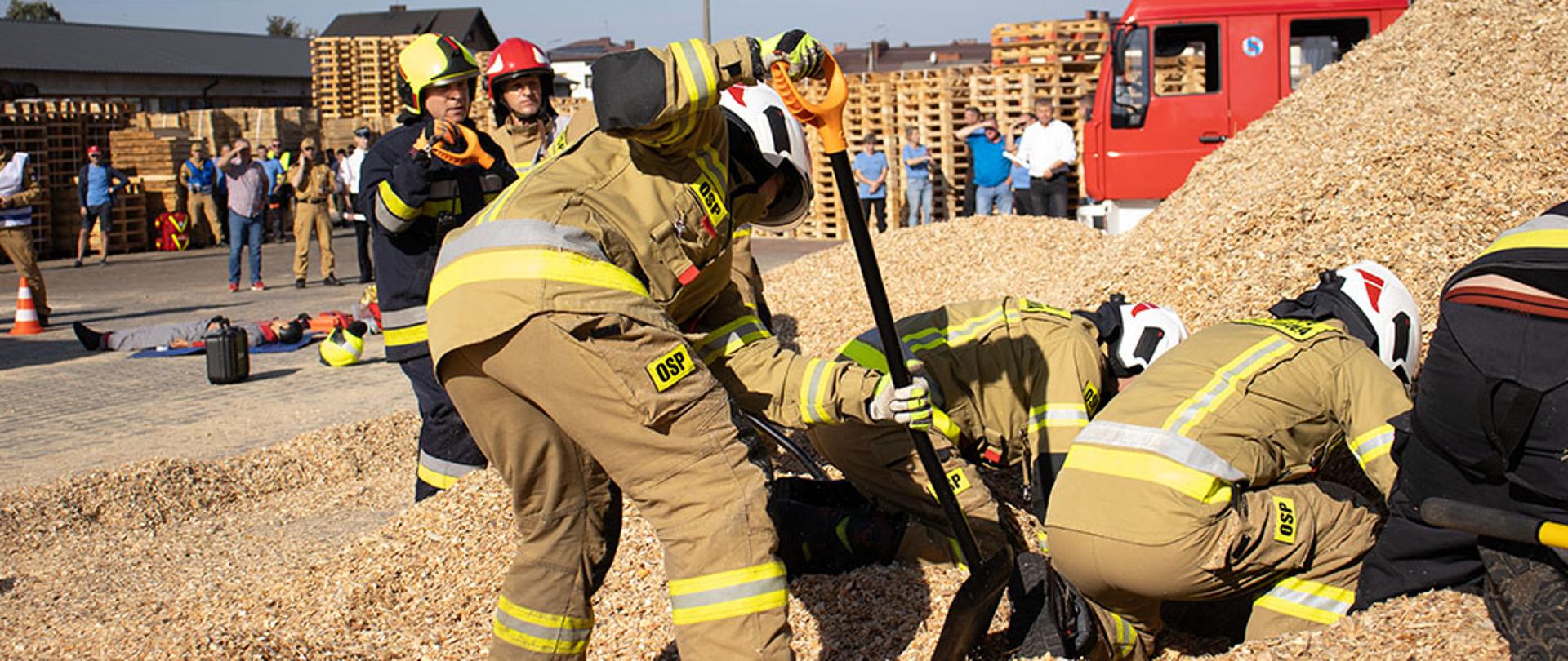 grupa czterech strażaków wykonuje prace polegającą na odkopaniu w stercie trocin poszkodowanego w tle osoby postronne