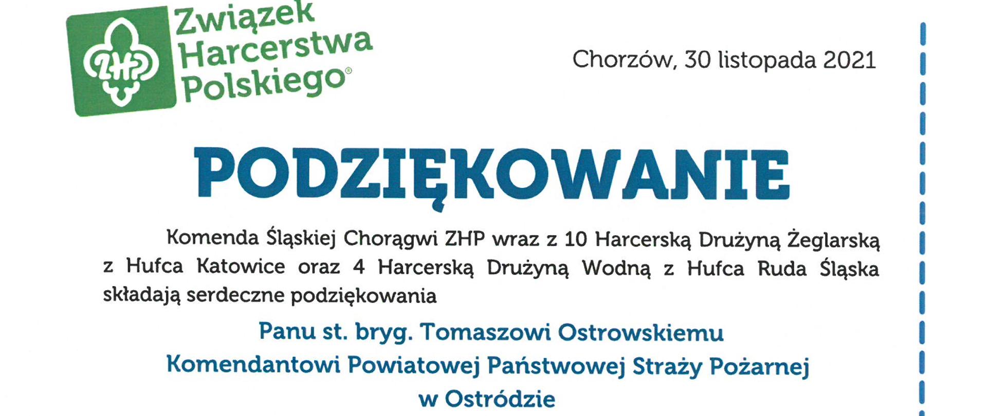 Treść podziękowania od śląskich harcerzy skierowana do Komendanta Powiatowego PSP w Ostródzie.