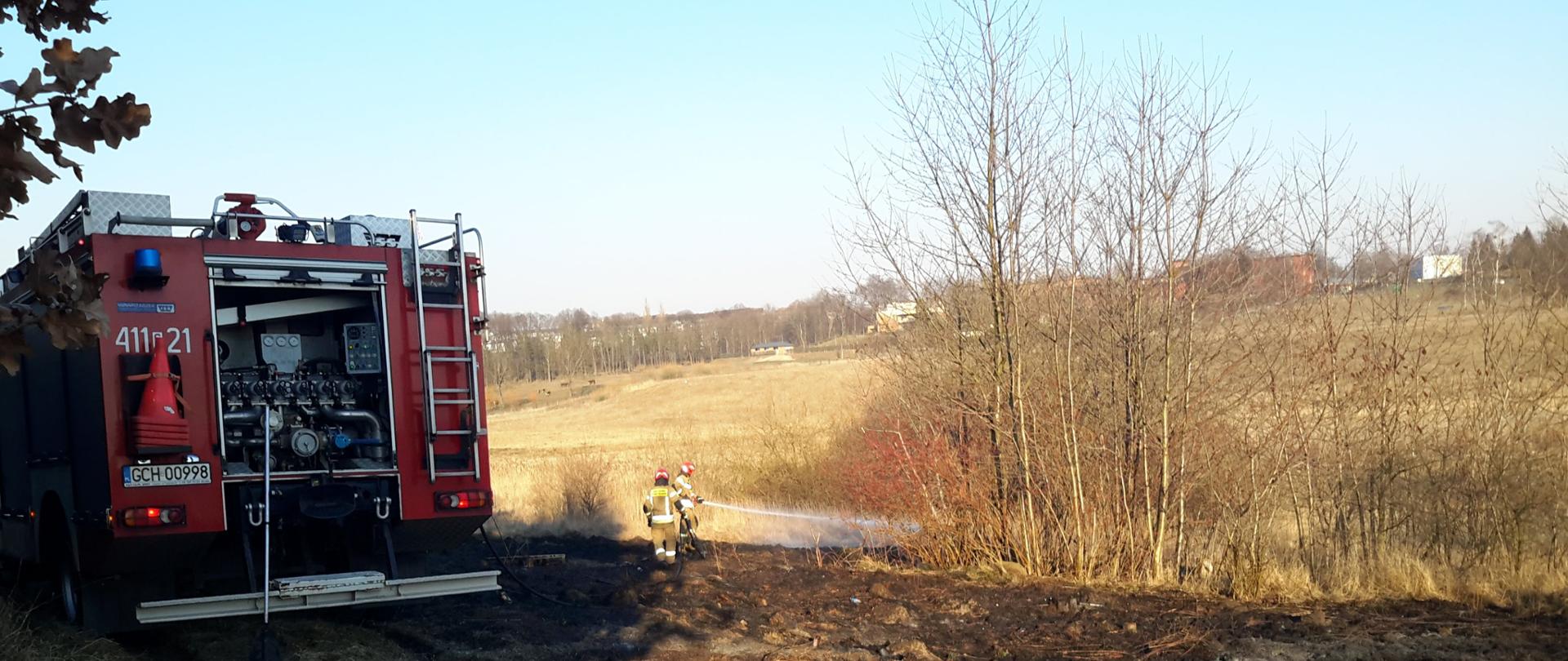 Spalona trawa na nieużytkach. Strażacy dogaszają palące się nieużytki. Po lewej stronie samochód strażacki. W tle, budynki mieszkalne oraz las.