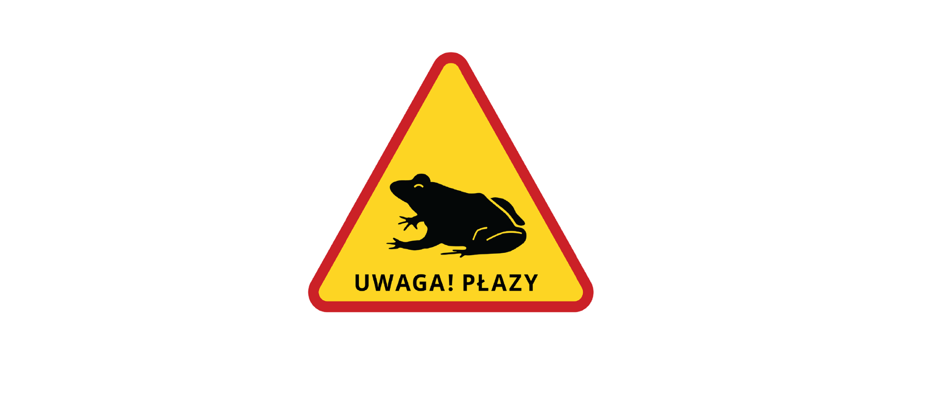 Żółty trójkątny znak, czarna żaba na znaku i napis Uwaga płazy