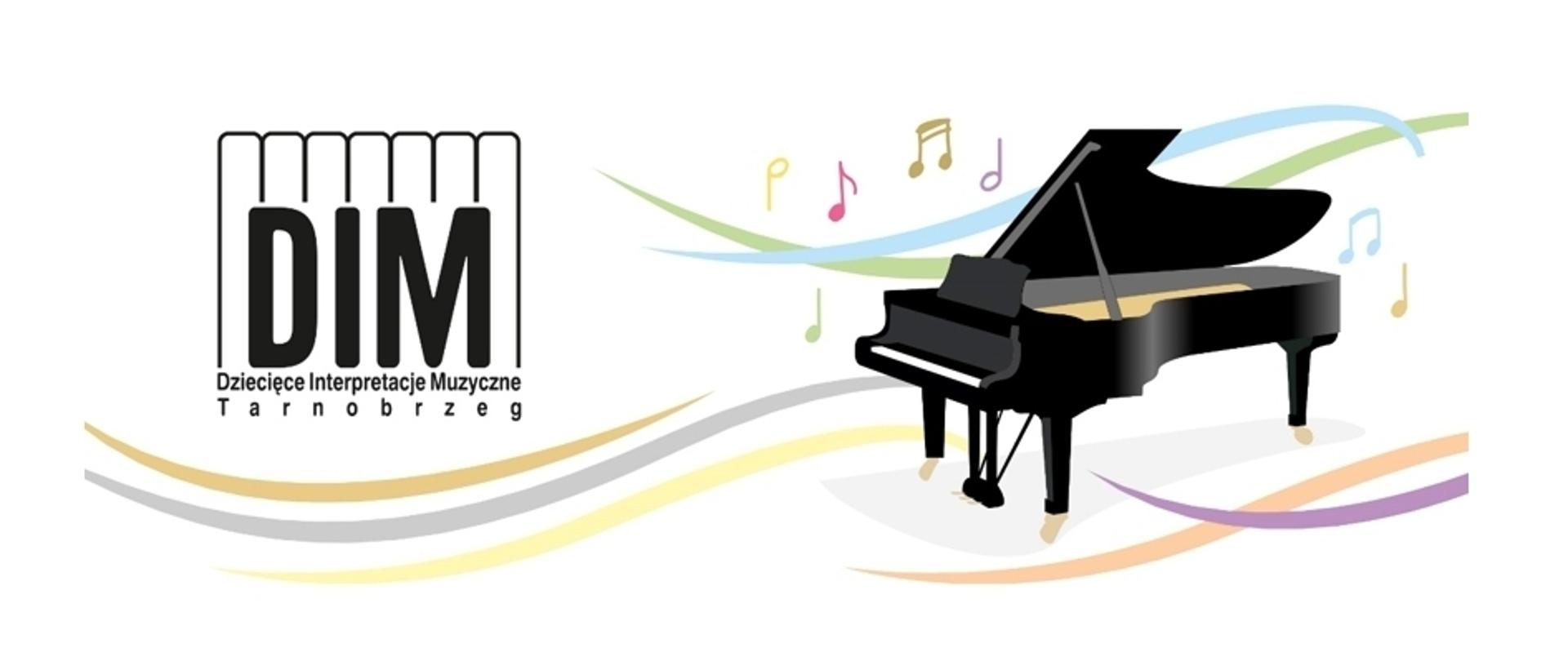 Plakat Konkursu Fortepianowego "Dziecięce Interpretacje Muzyczne", który odbędzie się 21 kwietnia 2026 r. Na górze po lewej stronie znajduję się logo konkursu w postaci klawiatury i skrótu "DIM". Po prawej stronie na górze widnieje czarny fortepian z różnokolorowymi nutami w tle.