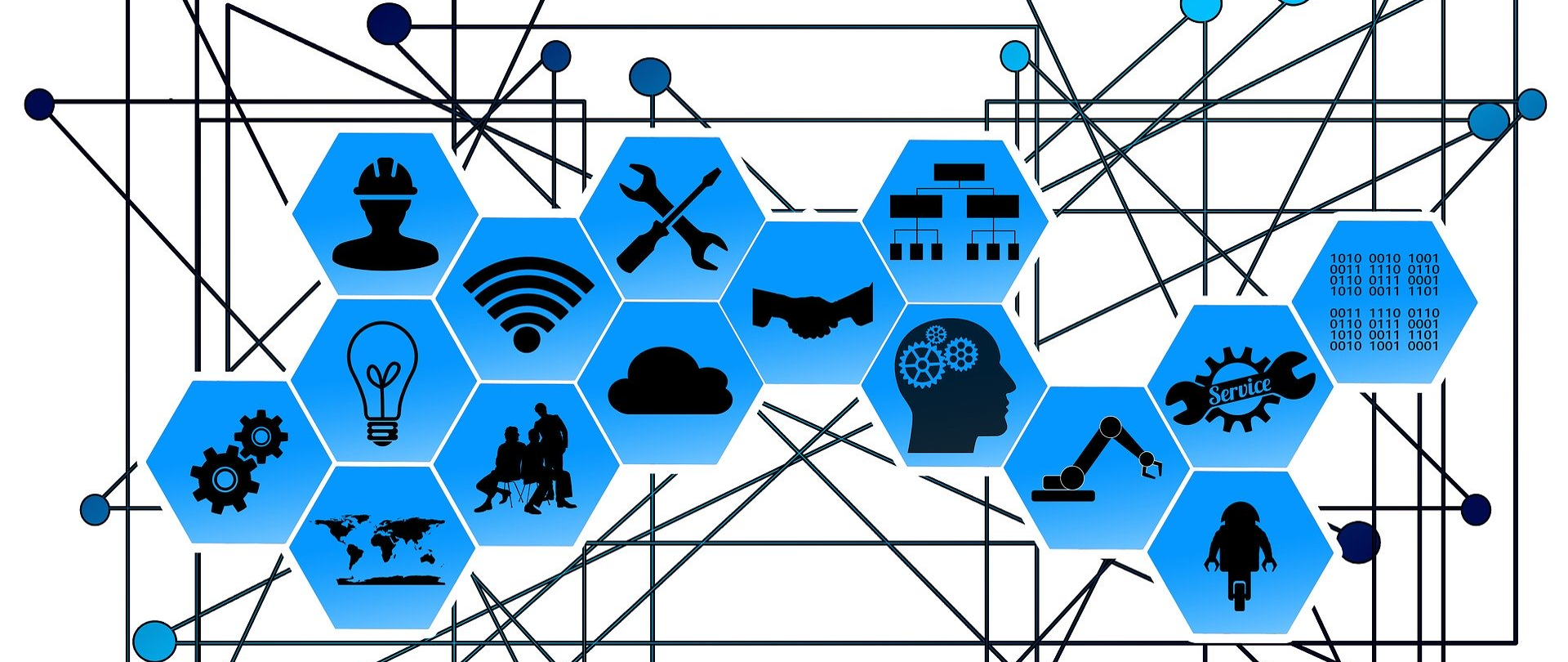Diagram w kształcie mapy światy, zawiera ikony, miedzy innymi żarówkę, mapę świata, uściśnięte dłonie, chmury, dźwigu, motocyklu.