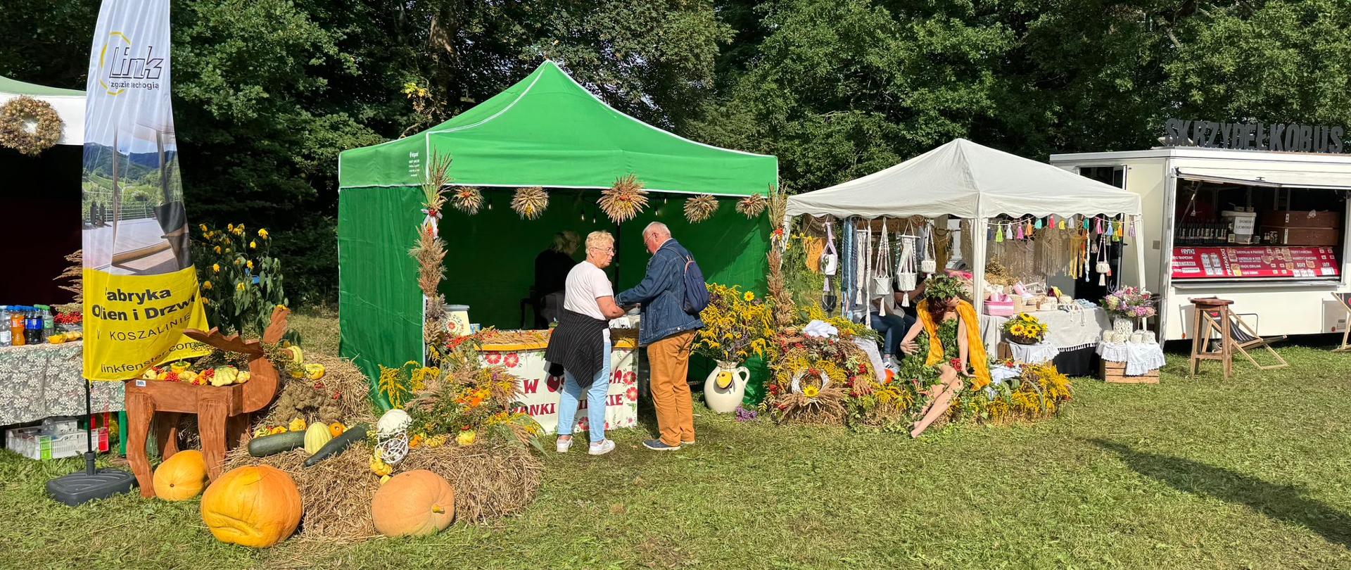 Zdjęcie przedstawia dożynki w miejscowości Sucha Koszalińska. Stanowiska różnorodnych organizacji ustawione są na trawie w jednym szeregu.