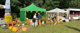 Zdjęcie przedstawia dożynki w miejscowości Sucha Koszalińska. Stanowiska różnorodnych organizacji ustawione są na trawie w jednym szeregu.