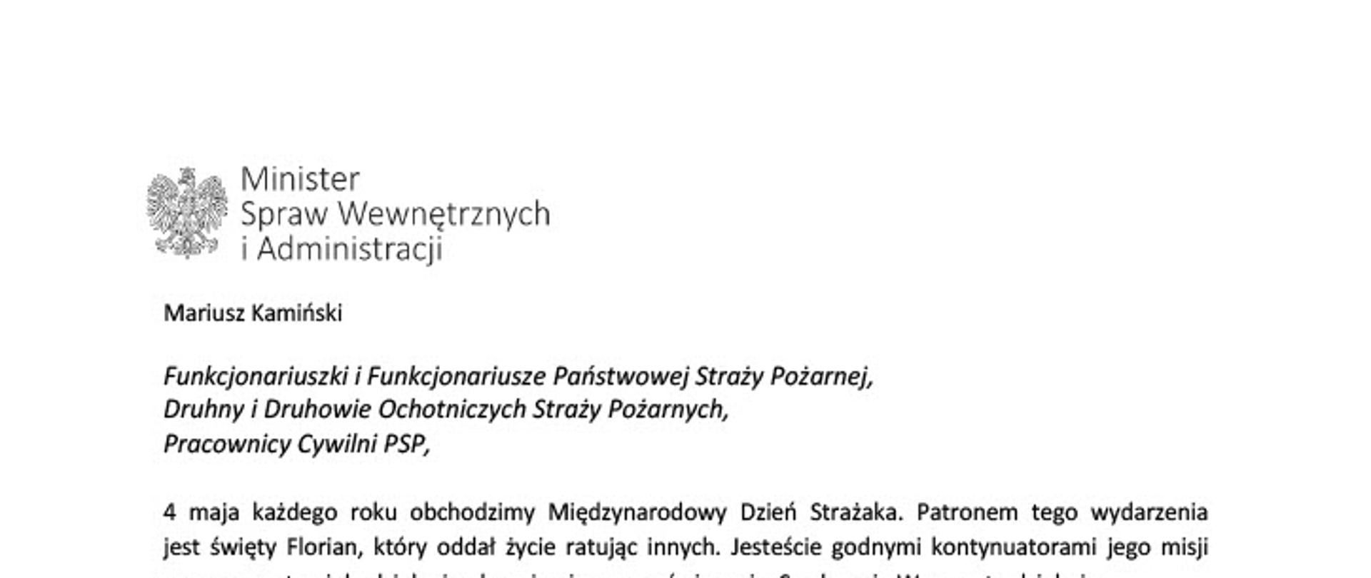 Życzenia Ministra Spraw Wewnętrznych i Administracji z okazji Dnia Strażaka.
