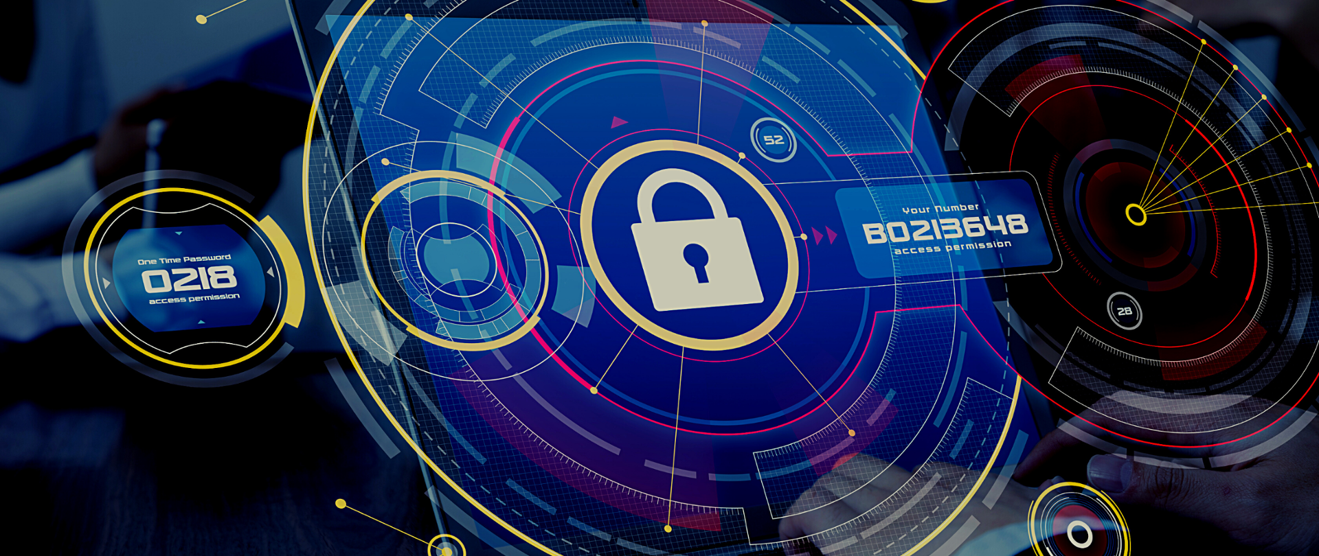 Połączenie zdjęcia i grafiki - laptop, wokół niego kolorowe graficzne elementy symbolizujące atak typu ransomware - kłodka, hasła, zgody dostępu.