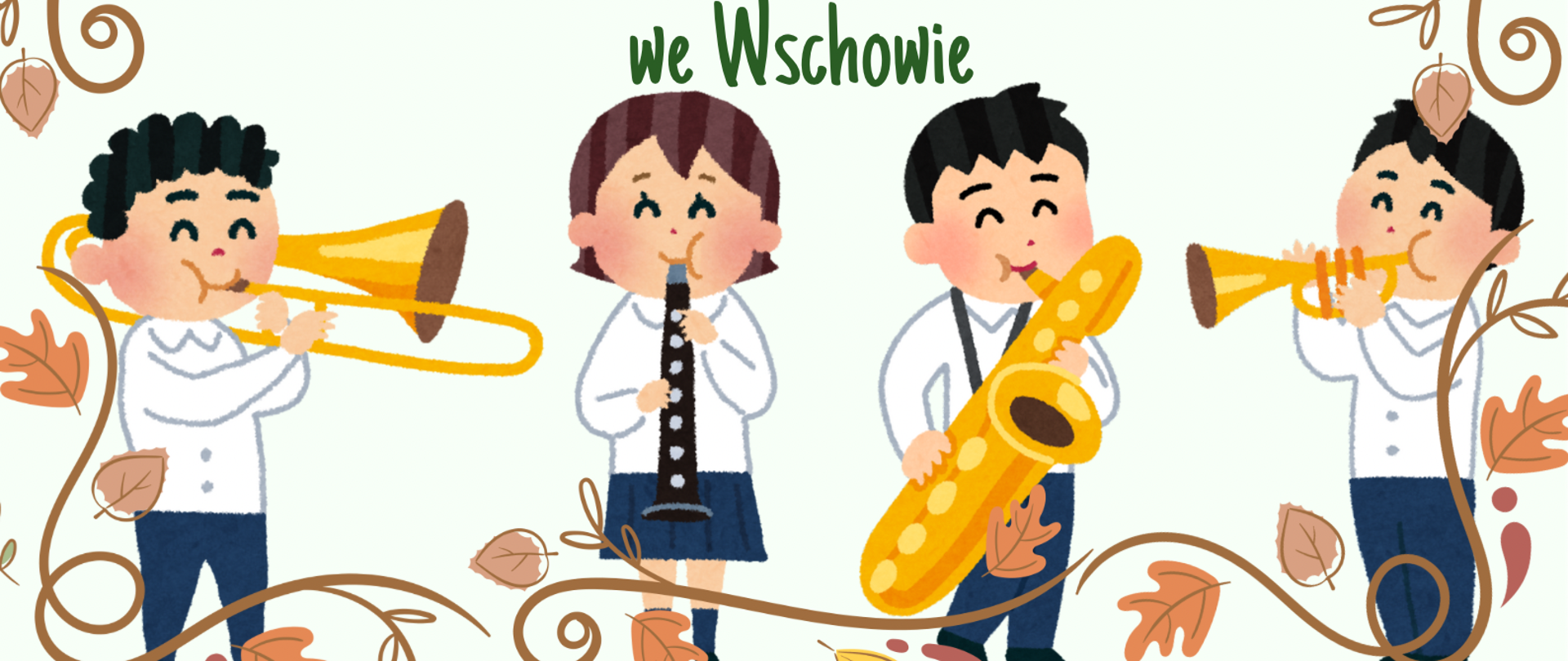 Na dole strony rysunek czworga dzieci grających na instrumentach. Dookoła strony grafika liści jesiennych. W centralnej części informacje o uroczystości pasowania, miejscu i terminie oraz połączonym z nim koncercie z okazji Dnia Muzyki.