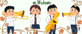 Rysunek czworga dzieci grających na instrumentach. Dookoła strony grafika liści jesiennych.
