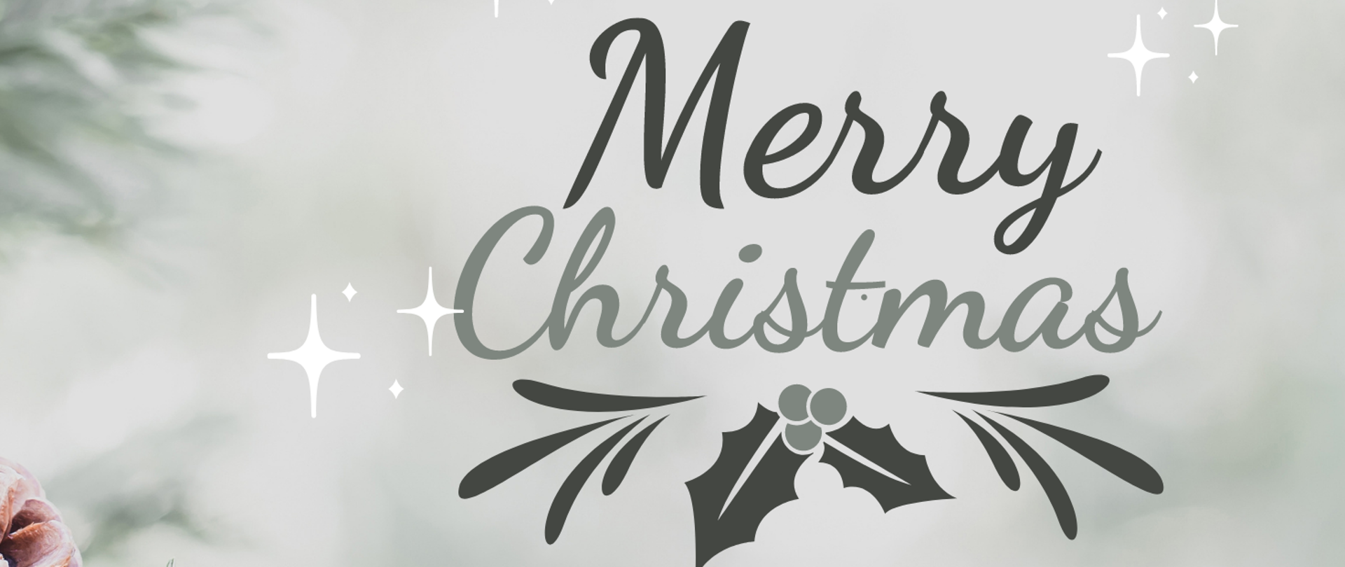 Szare tło, w lewym górnym rogu zamglona gałązka choinki. Pod spodem w lewym rogu strony znajduje się gałązka z brązowa szyszką, po prawej stronie gałązek jest napis „Merry christmas”, wyraz merry jest na czarno, a christmas na szaro. Pod napisem widnieje ostrokrzew koło którego znajdują się delikatne ozdobne gałązki. Napis jest otoczony delikatnymi białymi gwiazdkami.