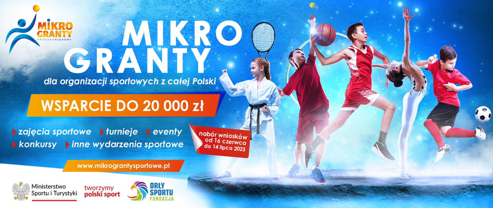 Grafika z dziećmi uprawiającymi sport - tenis, koszykówkę, piłkę nożną. Napis Mikro Granty
