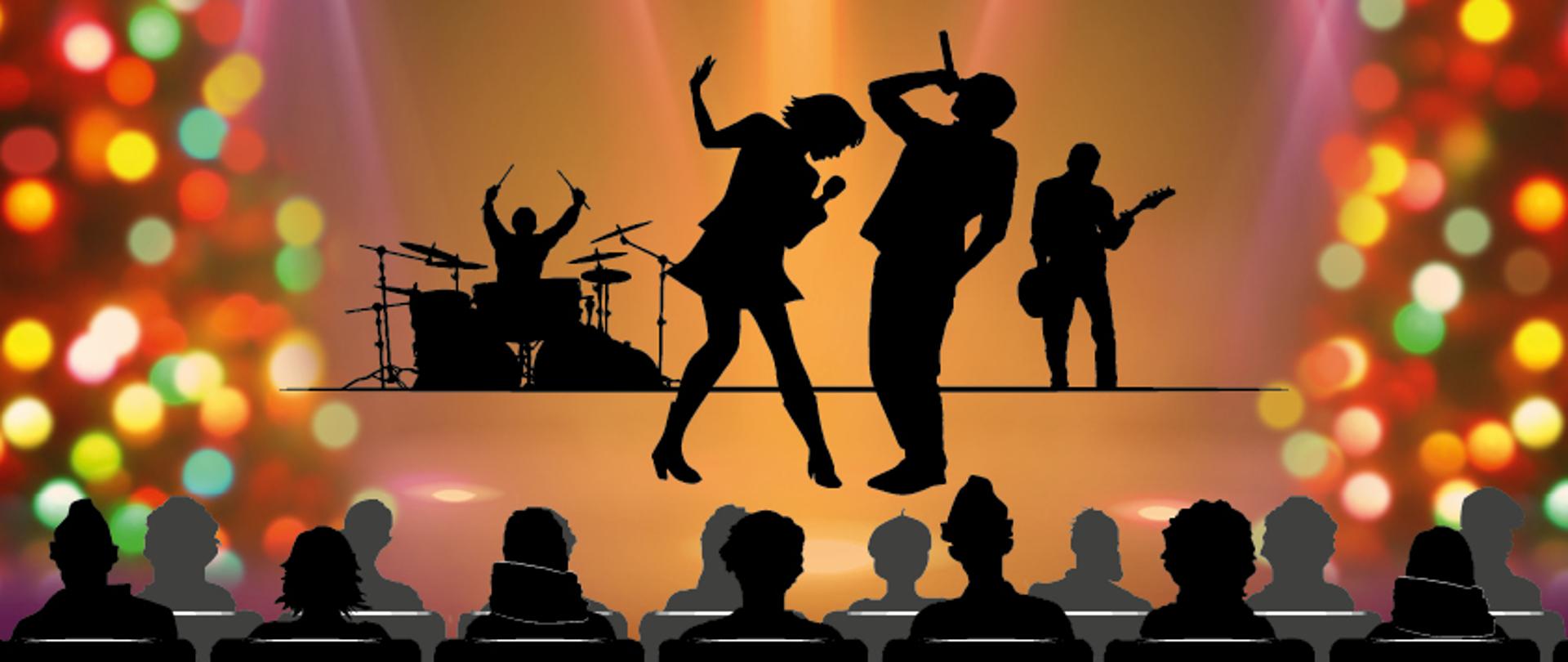 Plakat przedstawia grafikę. Na pierwszym planie, trochę poniżej środka strony umieszczony jest na czarnym tle złoty napis, górnej część grafiki widoczna jest sala koncertowa od strony widowni.