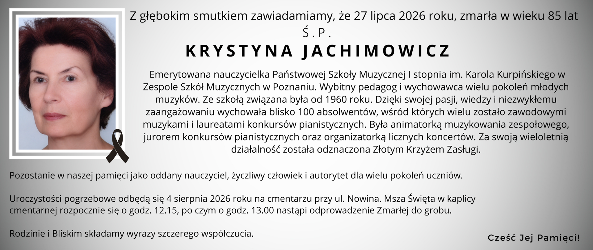 Nekrolog ze zdjęciem Krystyny Jachimowicz
