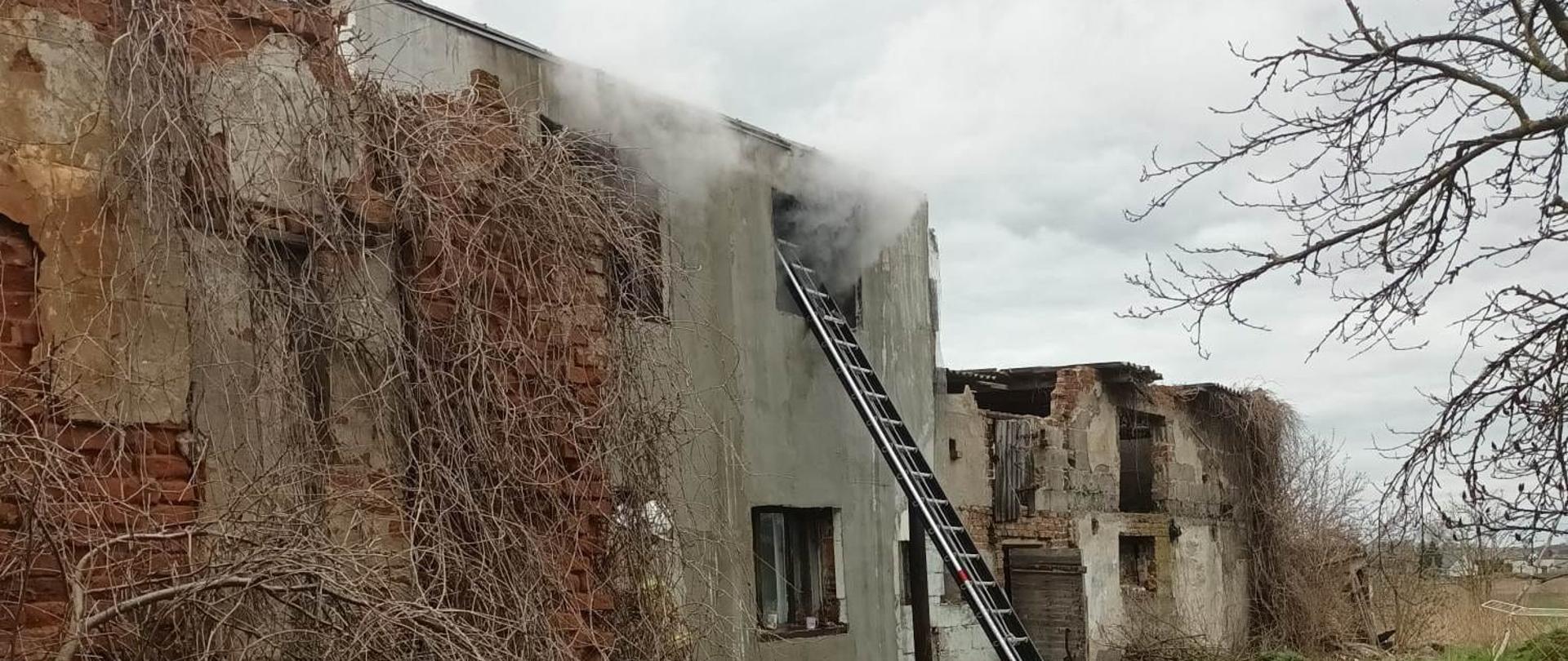 Widać budynek mieszkalny z którego wydobywa się dym, przed nim trawa