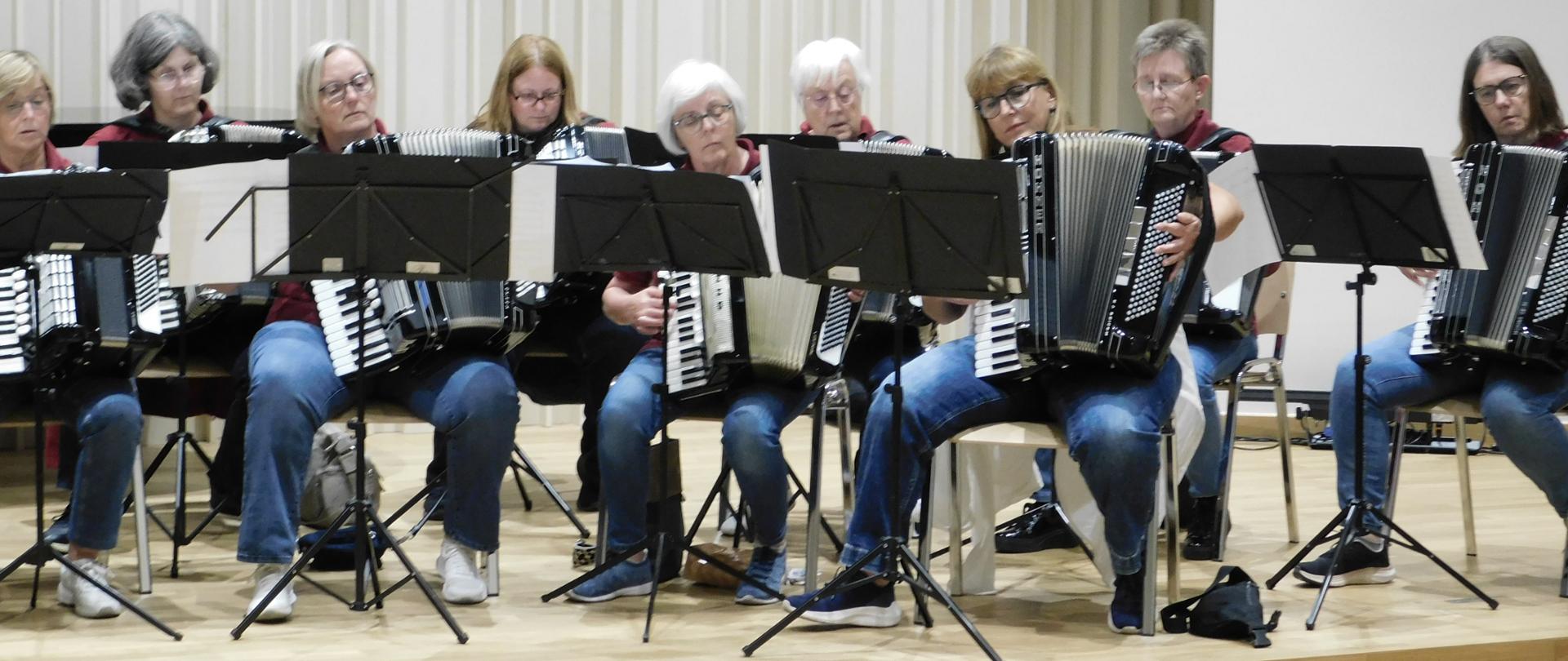 Na zdjęciu duża liczba starszych osób, które siedzą na krześle i grają na akordeonach. Przed każdym artystą ustawiony jest czarny pulpit do nut. Tło obrazka w odcieniach beżu. Zdjęcie zostało wykonane podczas koncertu orkiestry akordeonowej ze Schlangen.