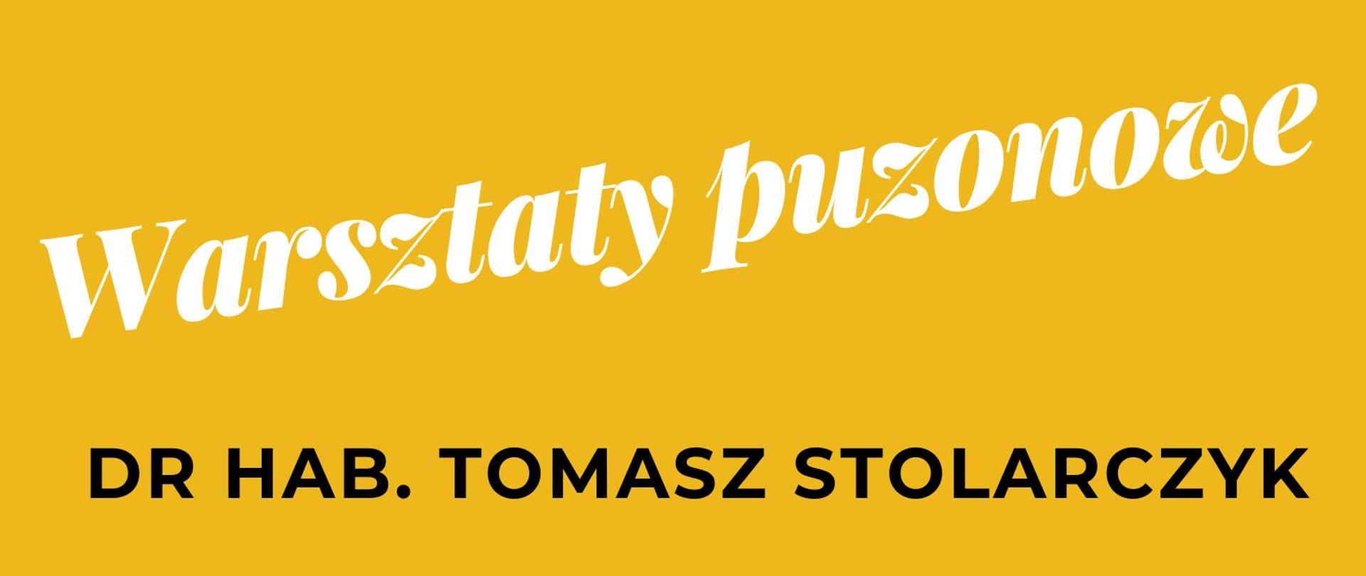 Plakat, żółte tło z kilkoma liniami skośnymi w kolorze białym i kształt puzonu w kolorze czarnym. Tekst Państwowa szkoła muzyczna 1 i 2 stopnia w Limanowej, warsztaty puzonowe poprowadzi doktor habilitowany Tomasz Stolarczyk, Zapraszamy do Auli dnia 9 grudnia 2025 roku w godzinach od 11.00 do 18.00.