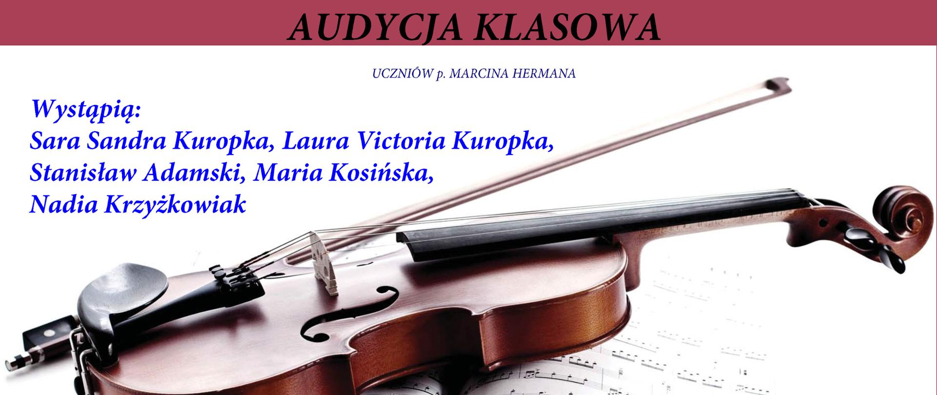Plakat z białym tłem, na dole i u góry ciemnoróżowe paski z informacjami w kolorze czarnym, w środku zdjęcie skrzypiec położonych na książce z nutami.
