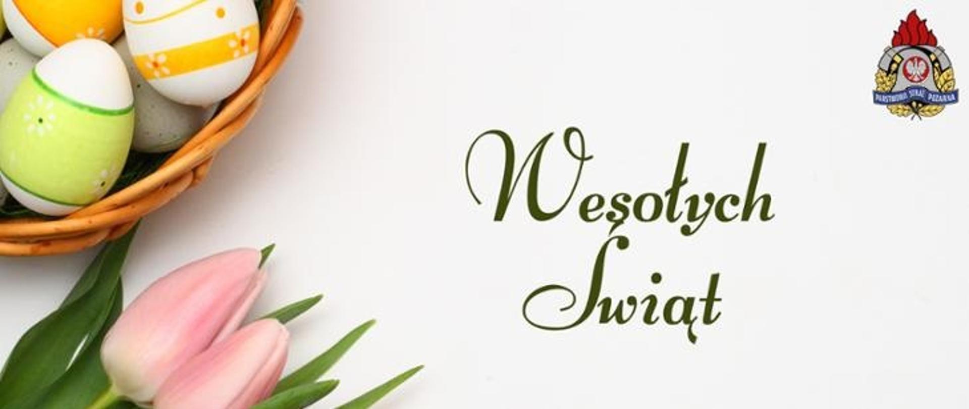 Baner - w lewym dolnym rogu tulipany różowe, nad nimi widoczny skrawek koszyczka z jajkami, po prawo napis Wesołych Świąt , w prawym górnym rogu logo PSP