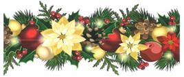 Świąteczny akcent graficzny: gałązki z igliwiem, szyszki, żółte i czerwone bombki, żółte i czerwone kwiaty, gałązki cisu z czerwonymi owocami.