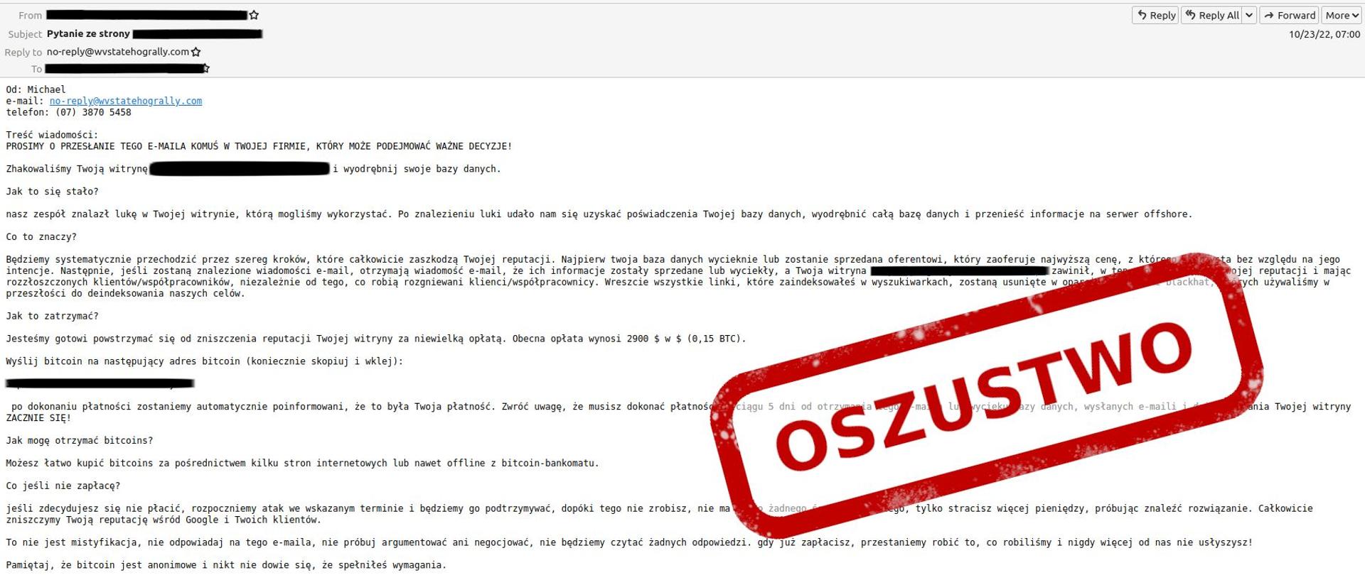 Zdjęcie fałszywej wiadomości e-mail po prawej stronie czerwony napis OSZUSTWO