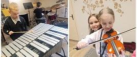 Starszaki i pierwszaki przy instrumentach podczas Projektu "Zwiedzam, słucham, gram" w Państwowej Szkole Muzycznej I st. w Lublińcu