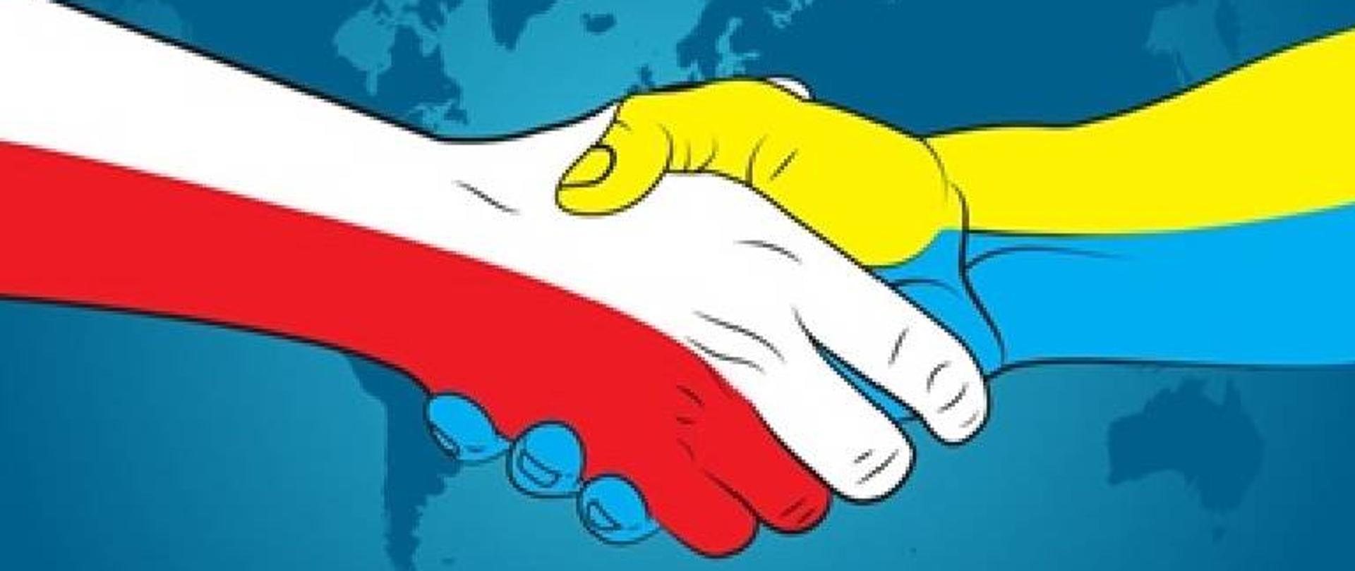 Zdjęcie przedstawiające uściśnięte w geście przyjaźni ręce - polską i ukraińską. Ręka polska w kolorze biało-czerwonym, ukraińska w kolorach żółto-niebieskim.