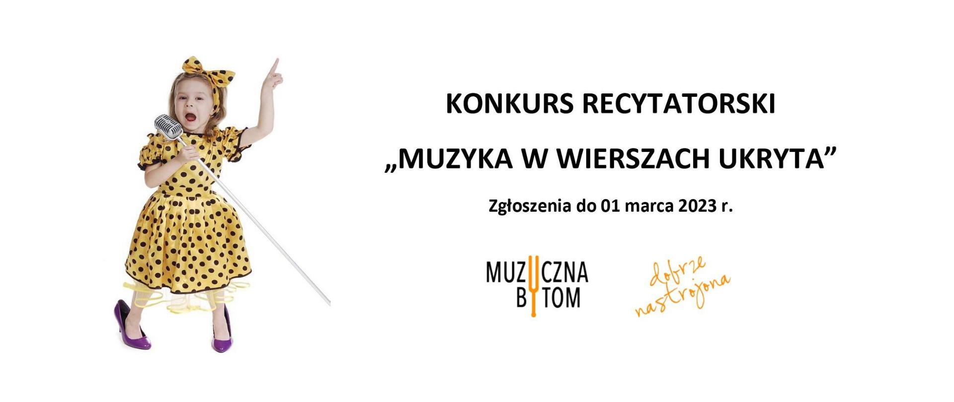 Na białym tle po lewej stroni dziewczynka w żółtej sukience, butach na obcasach pożyczonych od mamy; po prawej stronie nazwa konkursu recytatorskiego, termin przyjmowania zgłoszeń oraz logotypy szkoły.