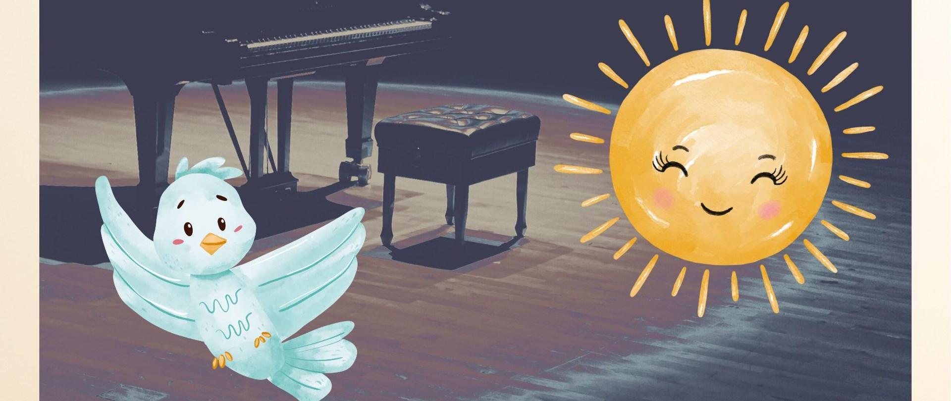 Plakat, na którym znajduje się fotografia otwartego fortepianu stojącego na pustej scenie, w górnej części na czarnym tle napis "Dyrekcja PSM nr 2 zaprasza na", nieco niżej "Zakończenie roku szkolnego 2023/2024" białymi literami, pośrodku grafika uśmiechniętego słońca, po lewej lecącego ptaka, na dole informacja o godzinie i dacie, całość obramowana fotografią ścieżki wśród łąki