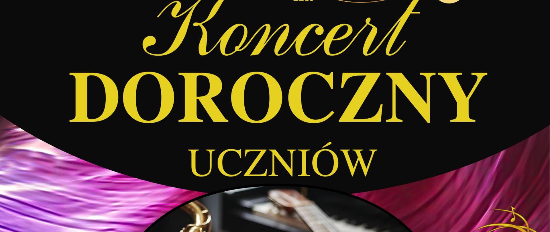 czarno fioletowy plakat ze zdjęciami instrumentów i żółtymi napisami 