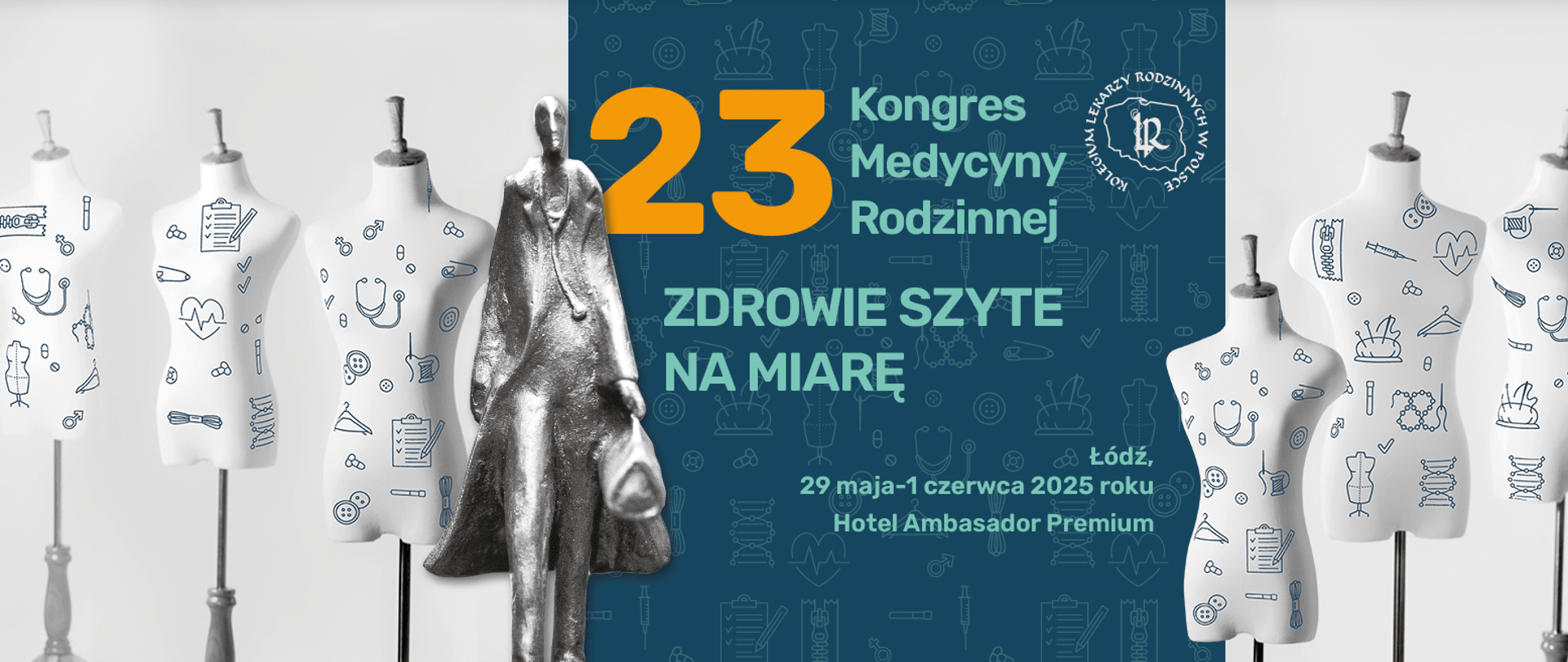 Grafika zawiera plakat wydarzenia z jego nazwą, datą, logiem organizatora i motywem przewodnim - Zdrowie szyte na miarę, które ilustrują zdjęcia manekinów.