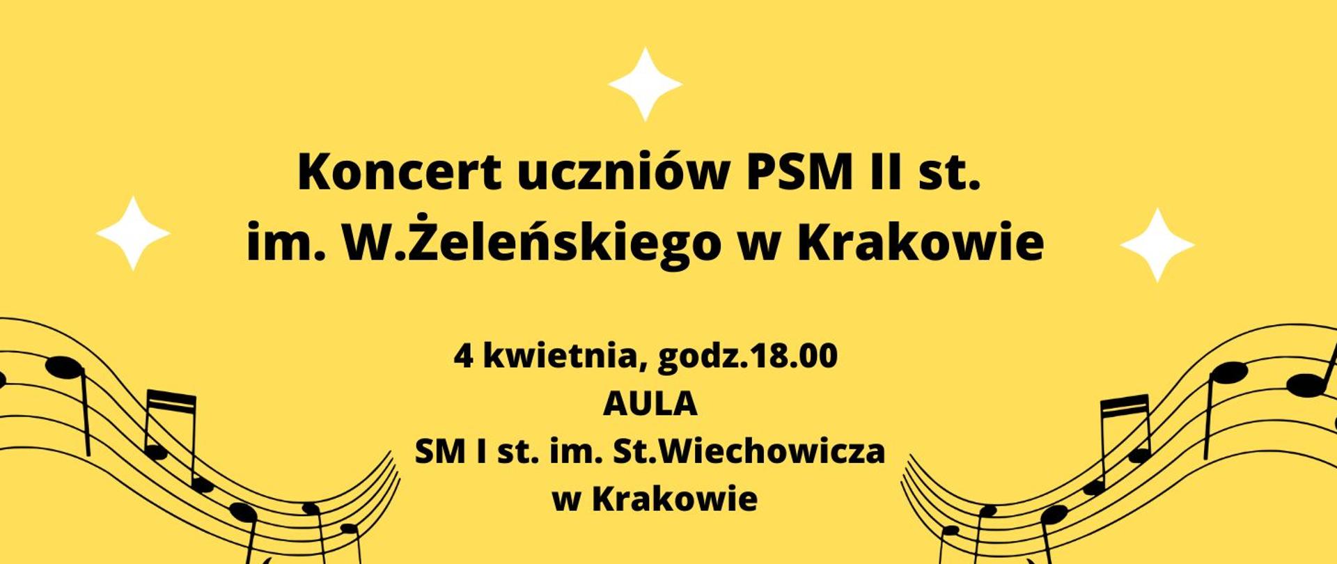 Na żółtym tle napis koncert uczniów 4.04.2023 SMI st. st. Wiechowicza