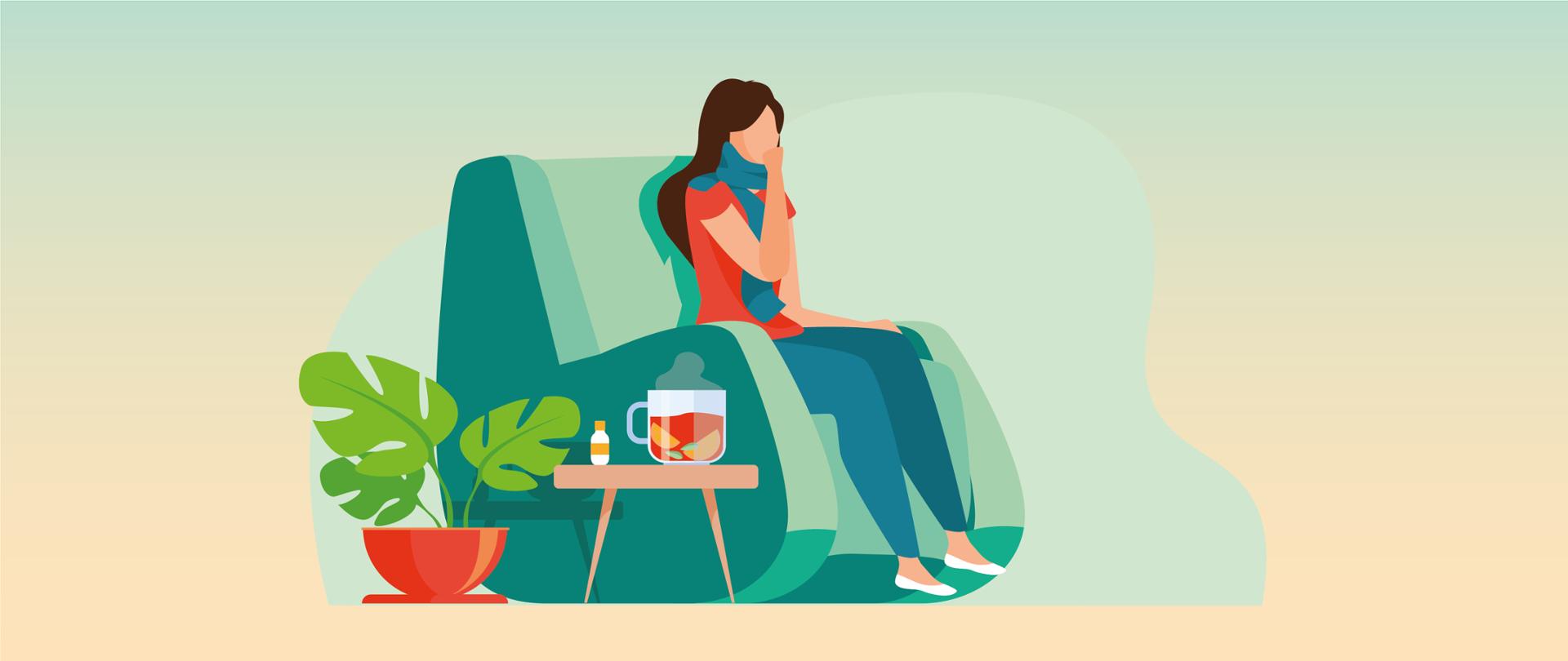 Grafika ilustrująca kaszlącą kobietę siedzącą w owiniętą szyją szaliku w fotelu. Obok stolik z gorącą herbatą z cytryną i buteleczką leków. 