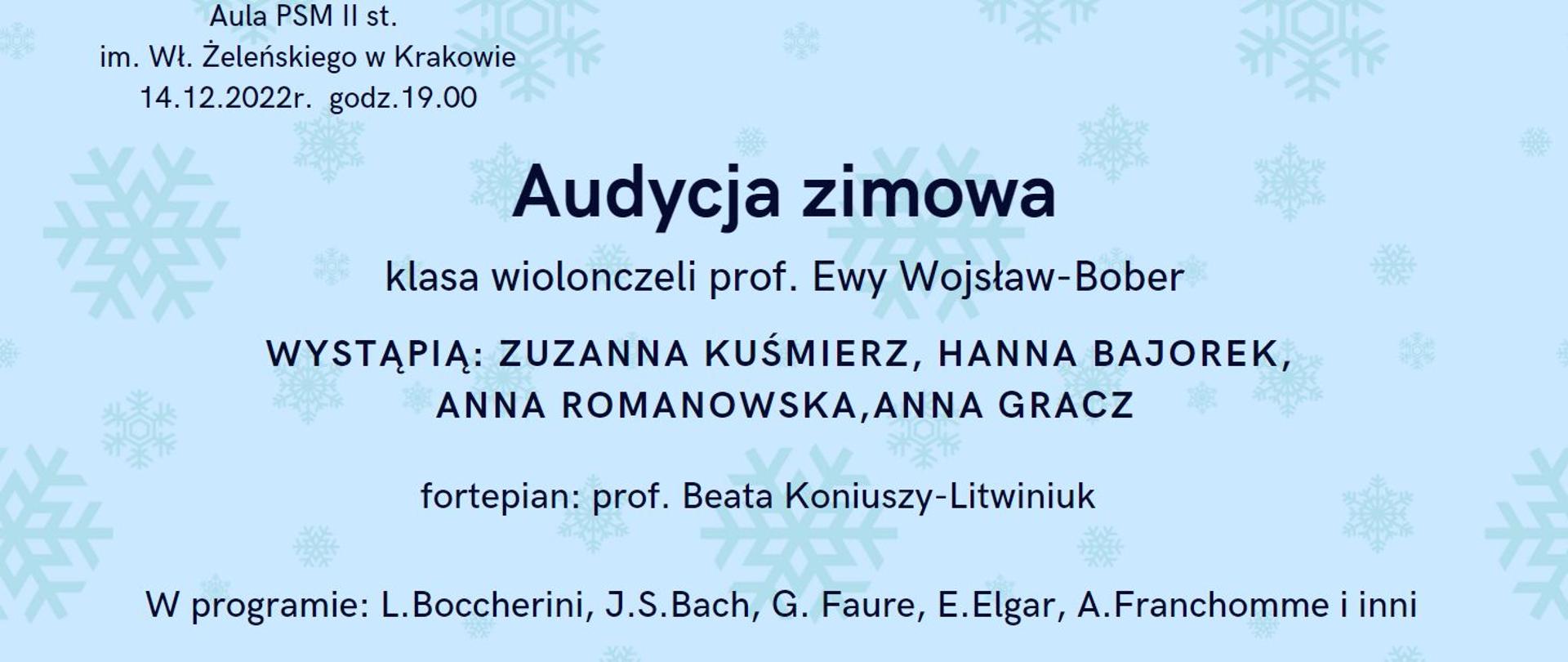 na niebieskim tle z gwiazdkami napis audycja zimowa klasy wiolonczeli Ewy Wojsław-Bober w dniu 14.12.2022