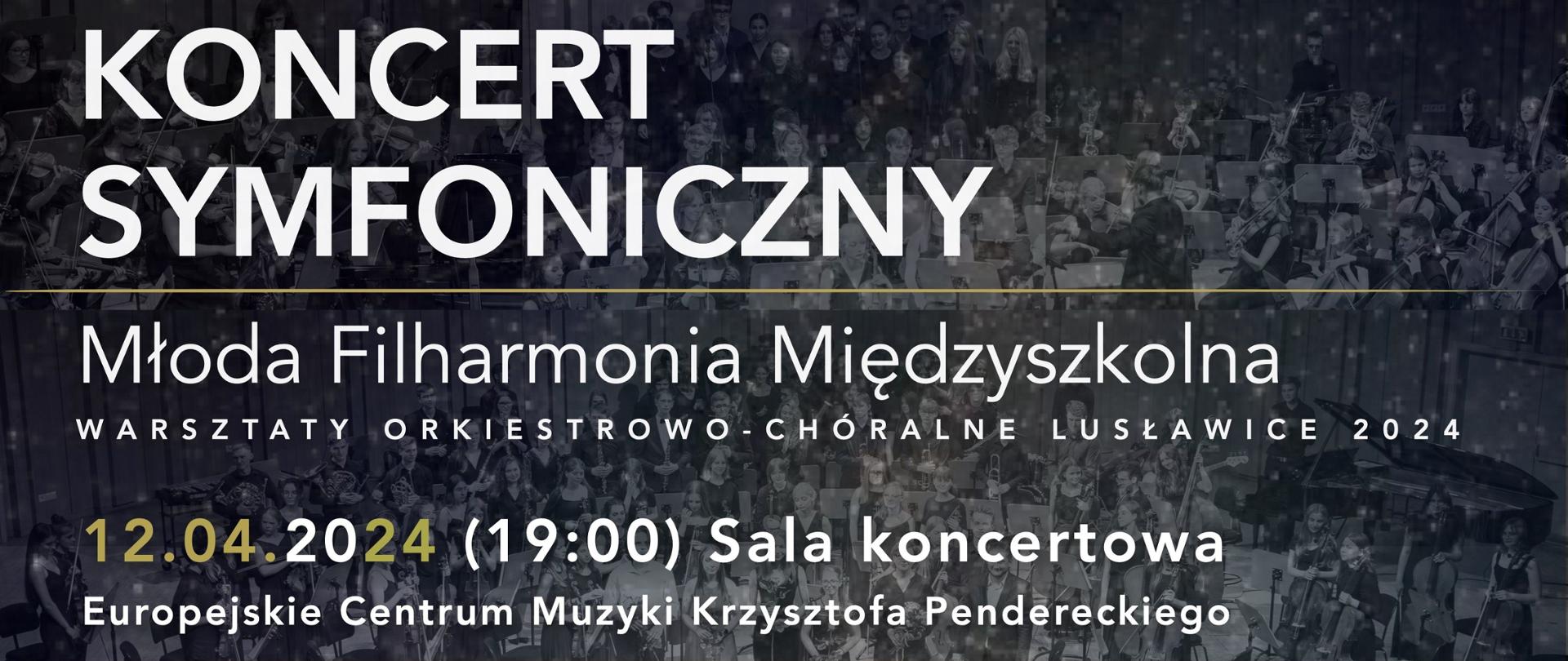 W tle biało-czarny kolaż zdjęciowy przedstawiający młodych artystów - członków orkiestry. Na plakacie biało-złote napisy informujące o wydarzeniu, artystach, repertuarze, czasie i miejscu. W stopce loga organizatorów.