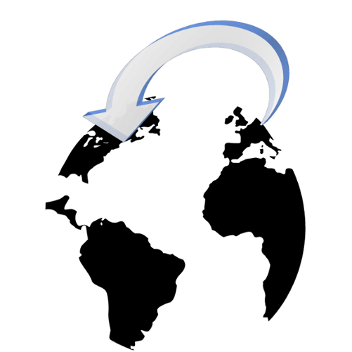 grafika przedstawia monochromatyczny zarys kontynentów z niebieskoszarą strzałką symbolizującą "przemieszczanie"