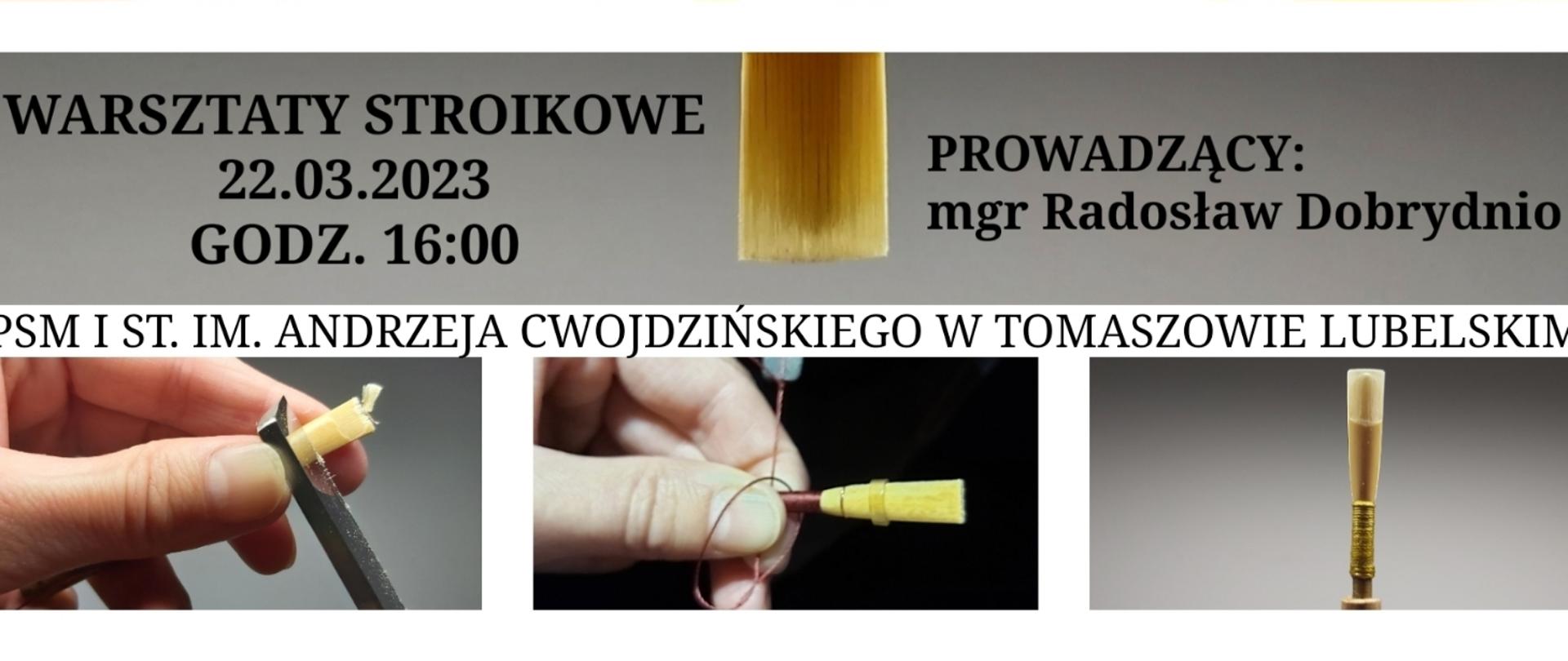 plakat zawierający siedem oddzielnych kafelków ze zdjęciami, na każdym zdjęciu czynności związane z produkcją stroika obojowego 